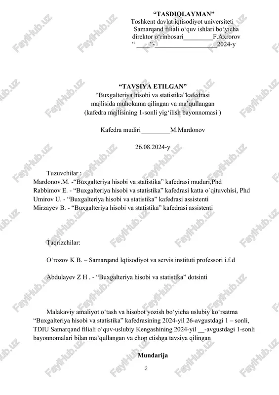 aviy amaliyotni tashkil etish va unga rahbarlik qilish 10 6. filialdan belgilangan rahbarning majburiyatlari 10 7. xoʻjalik yurituvchi sub’yektlar (korxona) tomonidan amaliyotga rahbar boʻlgan shaxsning majburiyatlari 10 8. amaliyot mobaynida talabaning huquqlari va majburiyatlari. 11 9. malakaviy amaliyot natijalarini yakunlash, hisobotni taqdim etish, himoya qilish va baholash tartibi hamda me’zonlari ………………...…………….…12 10. malakaviy amaliyot bo‘yicha hisobotning tarkibiy qismlari………...…..15 11. asosiy va qoʻshimcha adabiyotlar hamda axborot manbaalari…………..15 ilovalar 17 kirish 60410100-“buxgalteriya hisobi va audit (tarmoqlar bo‘yicha)” ta’lim yo‘nalishi talabalari olgan nazariy bilimlarini amaliy bilimlar bilan boyitish maqsadida malakaviy amaliyotni o‘tashlari taqozo etiladi, bu esa talabalarni yetuk mutaxassis bo‘lib yetishishda muhim rol o‘ynaydi. ushbu yo‘nalish bo‘yicha ta’lim olayotgan talabalar “biznesda buxgalteriya hisobi”, “buxgalteriya hisobiga kirish”, “boshqaruv hisobiga kirish”, “professional buxgalteriya amaliyoti ”, “oraliq boshqaruv hisobi” , “moliyaviy tahlil” ,“moliyaviy hisobot”, “audit” fanlaridan 6 hafta davomida malakaviy amaliyotni o‘tkazadilar. malakaviy amaliyotni o‘tash va malakaviy amaliyotni hisobotini yozish, rasmiylashtirish bo‘yicha uslubiy ko‘rsatma 60410100-“buxgalteriya hisobi …