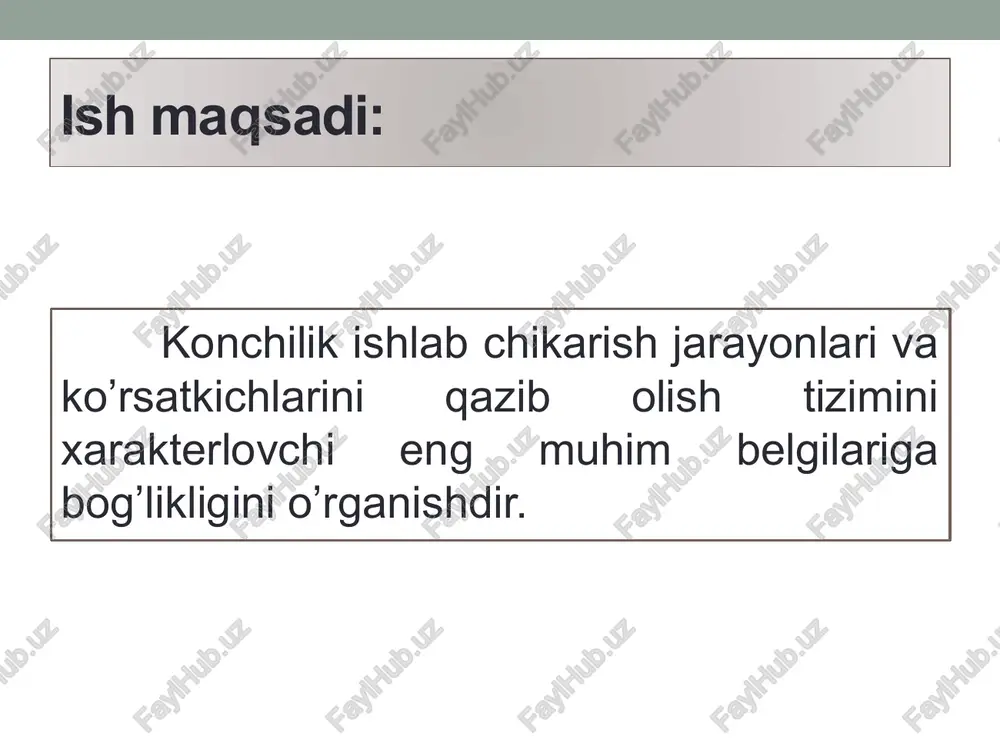b olish texnologik operastiyalar kompleksini ifodalaydi. shu munosabat bilan qazib olish tizimlari o’zaro ko’pgina belgilari bilan farq qiladi: 1 qazib olinadigan uchastkada, blokda, panelda, tayyorlovchi va kesuvchi lahimlarning joylashishi va turi bo’yicha; 2 qazib olish yo’nalishi, ruda tanasining yotish elementlariga nisbatan uning cho’ziqligi bo’yicha, cho’ziqligiga ko’ndalang ko’tarilish, pasayish yo’nalishlarida va kombinastiyalashtirilgan yo’nalishlarda siljib ilgarilaydi; 3 ko’tarish usullari va rudani qazib olingan joyidan yuklaydigan manzilga etkazib berish tartibiga ko’ra. 5 4 qazib olish davomida hosil bo’lgan bo’shliqning holati va bo’shliqning turg’unligini ta’minlash usullari yoki ochiq qoldirish, rudani magazinlash, qazib olingan bo’shliqlarni to’ldirib mustahkamlash, yondosh jinslarni qulatish, ruda va unga yondosh jinslarni qulatish; qazib olinadigan kavjoyning tuzilishi va shakli bo’yicha-sidirg’asiga, pog’onasimon, nimqavatli, qavatli va uyib kiriladigan kamerasimon shaklda qazib olish bosqichlarining soni bo’yicha bir bosqichli, ikki bosqichli, ko’p bosqichli; bu asosiy belgilarni har xil kombinastiyalarini qo’shib, qazib olishni ko’pgina tizimlarini yaratish imkonini berdi. ruda konlarini er osti usulida qazib olish tizimlari tasnifini …
