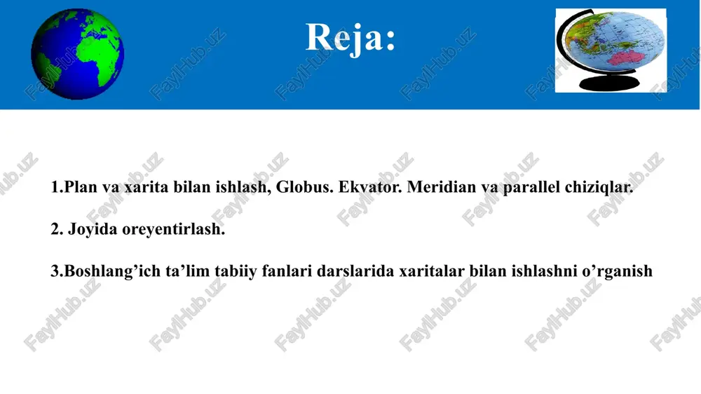 , d va n nuqtalar qaysi yarimsharlarda joylashganligini aniqlang. 65° 55° 45° 35° d 135° 140° 10° 15° n d nuqta ekvator chizig‘iga nisbatan shimoliy yarimsharda, bosh meridianga nisbatan esa g‘arbiy yarimsharda joylashgan. daraja to‘ri yordamida nuqtaning qaysi yarimsharda joylashganligini aniqlash n nuqta ekvator chizig‘iga nisbatan janubiy yarimsharda, bosh meridianga nisbatan esa sharqiy yarimsharda joylashgan. a nuqta bosh meridiandan g‘arbda, b nuqta esa sharqda, lekin har ikkala nuqta ham ekvatordan janubda joylashgan bo‘lsa, bu nuqtalarning qaysi yarimsharlarga tegishli ekanligini aniqlang. daraja to‘ri yordamida nuqtaning qaysi yarimsharda joylashganligini aniqlash daraja to‘ri yordamida geografik koordinatalarni aniqlash 5-sinf o‘quv atlasidagi “yarimsharlar tabiiy xaritasi” yoki “dunyoning tabiiy xaritasi”dan: toshkent, nyu-york, kanberra, pekin, rio-de-janeyro shaharlarining geografik koordinatalarini aniqlang. daraja to‘ri yordamida geografik koordinatalarni aniqlash gorod tashkent toshkent shahri 41° shimoliy kenglik– sh.k. 69° sharqiy uzunlik – shq.u. daraja to‘ri yordamida geografik koordinatalarni aniqlash gorod nyu-york nyu-york shahri 41° sh.k. 74° g‘. u. 40° 60° 80° …