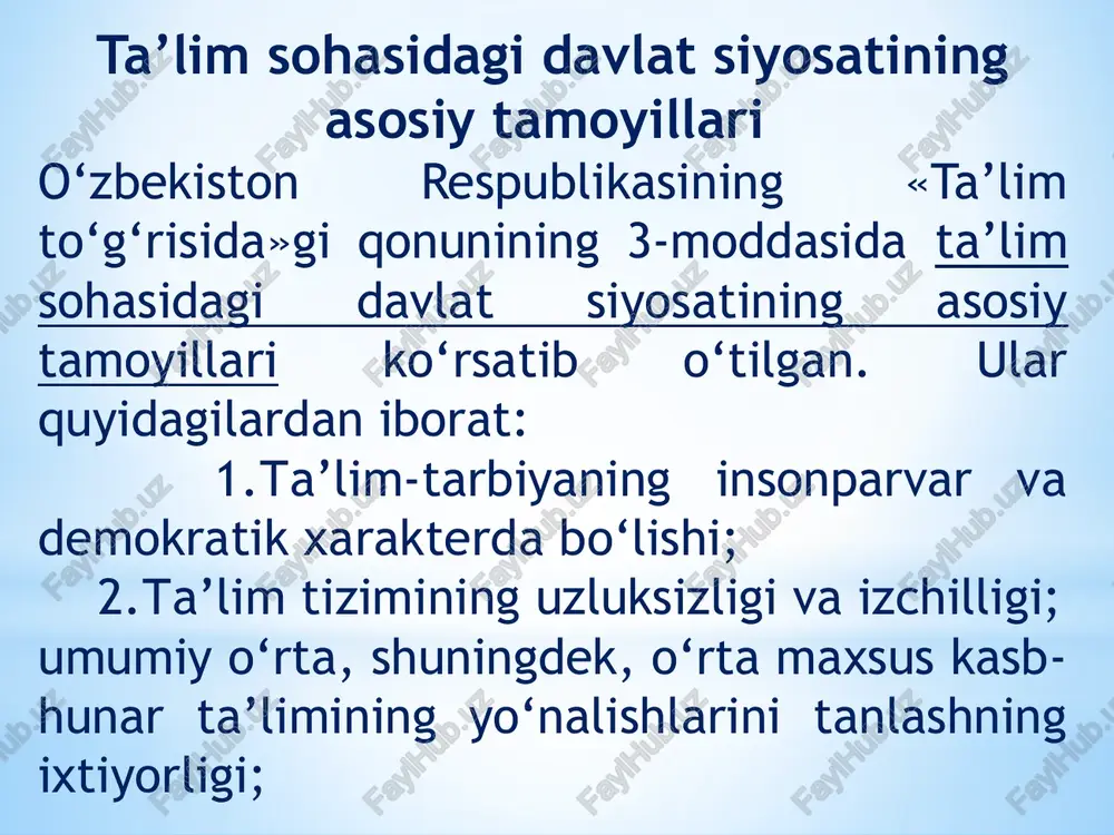 flar) boshlang‘ich sinf o‘quvchilarga murakkab bo‘lmagan ilmiy bilimlarni berish asosida ularda o‘qish, yozish va hisoblashga oid dastlabki bilim, ko‘nikma hamda malakalarni shakllantirish asosida ularda shaxsiy gigiena va sog‘lom turmush tarzi elementlarini hosil qilish bosqichi. o‘rta sinf o‘quvchilarning fan asoslari bo‘yicha muntazam bilim olishlarini, ularda bilim o‘zlashtirish ehtiyojini, asosiy o‘quv-ilmiy va umummadaniy bilimlarni, milliy va umumbashariy qadriyatlarga asoslangan ma’naviy-axloqiy fazilatlarni, mehnat ko‘nikmalarini, ijodiy fikrlash va atrof-muhitga ongli munosabatda bo‘lishni va kasb tanlash ko‘nikmalarini shakllantirish1 bosqichi. yuqori sinflar. 2017 yildan maktablarda 10-11 sinflar tashkil etish bo‘yicha qaror qabul qilindi hamda o‘quvchilar davlat ta’lim standartlari talablariga muvofiq fan asoslari bo‘yicha majburiy ta’lim beriladi. hozirgi davrda jahonda ta’lim tizimining ahvoli. rivojlangan xorijiy davlatlar ta’lim tizimini o‘rganish maqsadida aqsh ta’lim tizimi tarkibini yoritmoqchimiz. i. amerika qo‘shma shtatlarida ta’lim tizimi quyidagi bosqichlarni o‘z ichiga oladi: maktabgacha tarbiya muassasalari – 3 yoshdan 5 yoshgacha bo‘lgan bolalarni tarbiyalashga xizmat qiladi; boshlang‘ich maktablar (1-8-sinflar) – 6 yoshdan 13 yoshgacha …