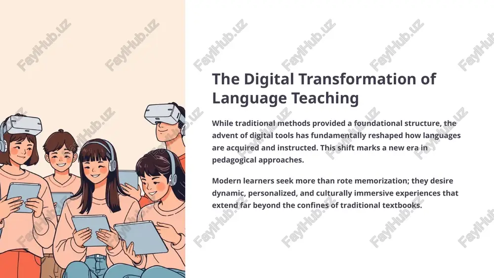 ence-based teaching methods enhanced by technology communicative language teaching (clt) focuses on real-life communication, now significantly enriched with authentic digital content and interactive scenarios. task-based language teaching (tblt) technology powerfully supports the execution of complex tasks such as research projects and presentations in the target language. content and language integrated learning (clil) digital resources are instrumental in enabling simultaneous subject matter and language acquisition, fostering deeper comprehension. grammar-translation method: the classical foundation originating in the 19th century primarily for teaching classical languages like latin and greek, the grammar-translation method centers on the explicit study of grammar rules. learners commit extensive vocabulary lists to memory. emphasis is placed on translating texts from the target language into the native language and vice-versa. while fostering strong reading and writing skills, it provides minimal practice in oral communication, often resulting in students who can read complex texts but struggle to speak. despite its limitations …