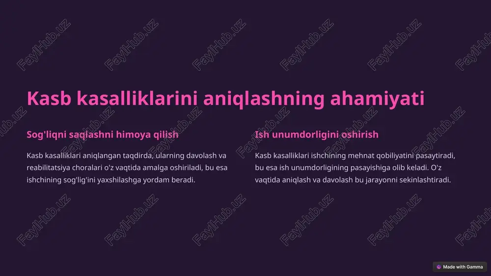 'shimcha ma'lumotlar yoki tekshiruvlar talab etilsa, qo'shimcha tekshiruvlar o'tkaziladi. * mehnat ekspertizasida kadrlar xulqini o'rganish so'rovnomalar ishchilarning kasb kasalliklari haqida bilimlari, himoya vositalaridan foydalanish bo'yicha tajribalari. suhbatlar ishchilarning kasb kasalliklari bilan bog'liq shikoyatlari, ish sharoitlari haqida fikrlari, xavfsizlik qoidalarini bajarishi. hujjatlarni tahlil qilish ishchilarning mehnat shartnomalari, ishchi vaqt jurnallari, xavfsizlik ko'rsatmalari. * mehnat ekspertizasi natijalarini rasmiylashtirishning tartib-taomillari tekshiruv natijalarini hujjatlashtirish tekshiruv natijalarini to'g'ri va aniq hujjatlashtirish. akt tuzish kasb kasalligining mavjudligi yoki yo'qligi to'g'risida xulosalarni o'z ichiga olgan rasmiy hujjat. hujjatlarni tasdiqlash aktni tegishli muassasalar tomonidan tasdiqlash, masalan, tibbiy muassasalar va mehnat inspektsiyasi. ishchiga rasmiylashtirish aktni ishchiga topshirish va uning huquqlari va majburiyatlari to'g'risida ma'lumot berish. * mehnat ekspertizasi natijalarini tahlil qilish 1 kasb kasalliklari soni kasb kasalliklari sonini kuzatish va tahlil qilish, ularning sabablarini aniqlash. 2 kasb kasalliklarining turlari turli xil kasb kasalliklarining tarqalishini o'rganish, ularning sabablarini aniqlash. 3 kasb kasalliklari bilan bog'liq xarajatlar davolash, reabilitatsiya, mehnatga layoqatsizlik xarajatlarini …