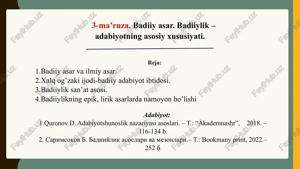 ijtimoiylik farqlanadi 3. badiiy asar obrazlilikka asoslanadi. 4. badiiy tasvir vositalari qo’llaniladi. 5. kompozitsion butunlikka ega bo’ladi. 6. emostional-hissiy ta’sirchanlik kuchiga ega. badiiy asar tuzilishi badiiy asar o’ziga xos yaxlitlik asosida tuziladi. kompozitsiya, syujet va obrazlar tizimi badiiy asarni yaxlitligini ta`minlovchi qismlardir. ilmiy asarga xos xususiyatlar: tabiat, tafakkur va jamiyatning obyektiv qonunlarini ochadi. insoniyatning ishlab chiqarish – amaliy faoliyati asosida tug`iladi va rivojlanadi. ilmiy asar inson aqli bilan ish ko’radi. ilmiy asar ma’lumot va bilim berish xususiyatiga ega. ilmiy fakt va dalillarga tayanadi, aniqlik asosida ish ko’radi. ilmiy umumlashmalar chiqaradi, hayotni mantiqiy xulosalar asosida o’zida ifodalaydi, hayot qonunlarini ochadi. xalq og`zaki ijodi. xalq og`zaki ijodi folklor terminiga sinonim sifatida ishlatiladi. “folklor” so’zining lug`aviy ma’nosi “xalq donoligi” demakdir. folklor asarlarining ijodkori xalqdir. shuning uchun xalq og`zaki ijodi deyilganda og’izdan og’izga, avloddan avlodga, davrdan davrga og`zaki shaklda o’tib, sayqallangan xalq ijodi namunalari tushuniladi. folklordagi tur va janrlar: epik tur – mif (asotir), …