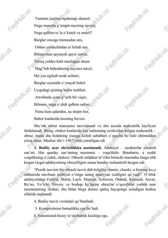 likdir, sistem butunlikdir. 2. badiiy asarla ijtimoiylik va shaxsiylik qorishiq holda zuhur topadi. badiiy asarda ijtimoiylik farqlanadi. lirik asarlarimizda ijtimoiylik yo`qday ko`zga tashlanadi. misol uchun: bahor kunlarida kuzning havosi, tanimni junjitar oqshomgi shamol. nega muncha g’amgin nayning navosi, nega qalbim to`la o`kinch va malol? barglar orasiga tinmasdan sira, oshno yulduzlardan to`kiladi nur. bilmayman qiynaydi qaysi xotira, titroq yulduz kabi muzlagan shuur. mag‟lub bahodirning nayzasi misol, ma`yus egiladi terak uchlari, barglar soyasida o`ynaydi behol uyqudagi qizning bedor tushlari. atrofimda yotar g‟arib bir viqor, bilmam, nega o`chdi qalbim safosi. nima ham qilardim, na ilojim bor, bahor kunlarida kuzning havosi. she`rda tabiat manzarasi tasvirlanadi va shu asosda mahzunlik kayfiyati ifodalanadi. biroq, «bahor kunlarida kuz nafasining esish»idan kelgan mahzunlik – obraz, mana shu holatning yuzaga kelish sabablari o`zgacha bo`lishi ehtimoldan yiroq emas. mazkur she`r 1967 yilda yaratilgan edi 3. badiiy asar obrazlilikka asoslanadi. adabiyot – xarakterlar yaratish san’ati. har qanday san’atning mazmuni – voqelikdir. …
