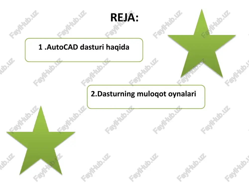 a qo’shimcha imkoniyatlarni tanlab o’rnatish mumkin. buning uchun to’rtburchak ichiga belgi qo’yish lozim. bu oynada dalee tugmasi bosiladi. bu oynada autocad 2007 dasturini o’rnatilish joyi ko’rsatiladi. agar siz dasturni boshqa joyga o’rnatmoqchi bo’lsangiz obzor tugmasi tanlab kerakli papkani ko’rsating va ok tugmasi bosing. bu oynada dalee tugmasi bosiladi. bu oynada dalee tugmasi bosiladi. bu oynada gotovo tugmasi bosiladi autocad 2007 dasturini sozlash ishchi stol(rabochiy stol) dagi autocad 2007 - russkiy belgisini tanlab sichqoncha chap tugmasini tez-tez ikki marta bosiladi. dasturning ishchi oynasi asboblar panelini sozlash. 1) sichqon klavishi o‘ng tomonini asboblar panelining ixtiyoriy birortasini ko‘rsatib, bosamiz. 2) ochilgan ro‘yxatdan kerakli asboblar panelini belgilaymiz. grafik maydon (model maydoni) –ish stolining o‘rta maydonini egallagan bo‘lib, modellar chizmasini yaratish uchun mo‘ljallangan. model maydoni parametrlarini qo‘llovchi o‘ziga mos qulay ravishda o‘zgartirishi mumkin. model maydonini sozlash. 1) sichqon klavishining o‘ng tomonini grafik maydonning ixtiyoriy joyiga bosamiz, opsii punktini belgilaymiz. 2) ochilgan «parametrlar» dialog oynasida quyidagi …
