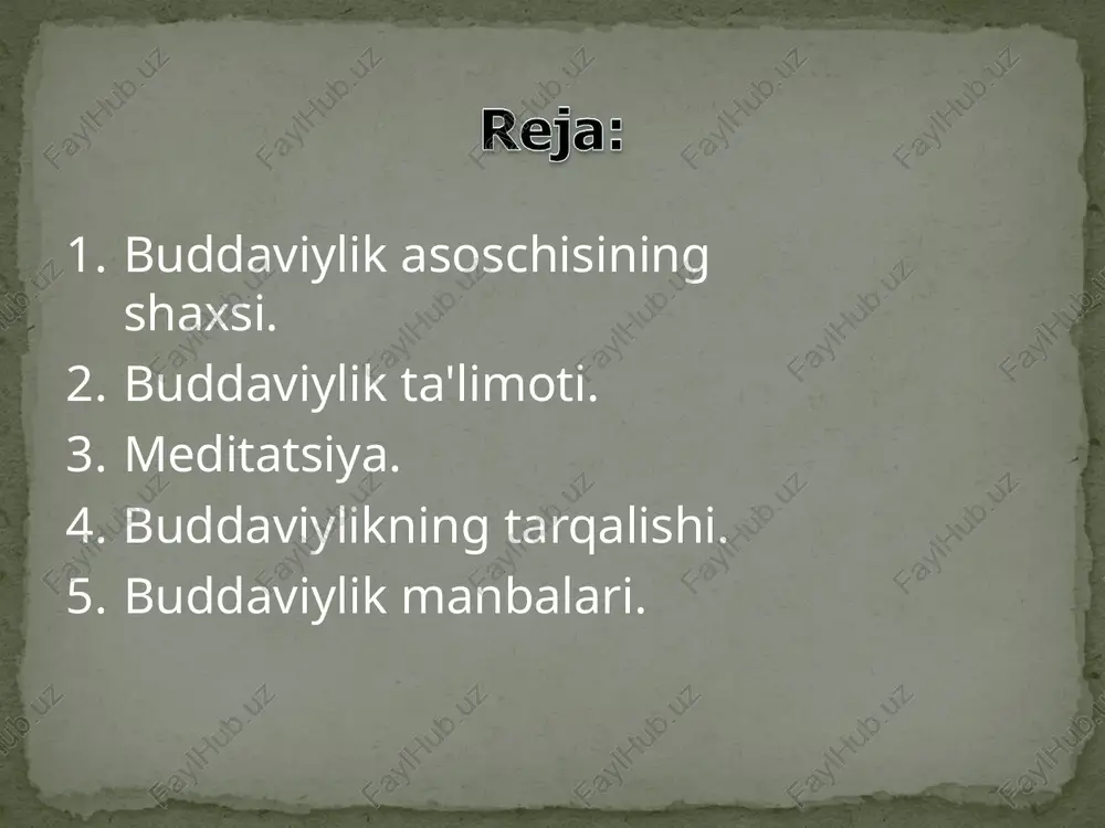 liyot va nazariyotdan iborat diniy tizimdir. uning asosi «hayot - bu azob, uqubatdir» va «najot yo‘li mavjud» degan g‘oyadir. buddaning ilk da'vati mujassamlashgan 4 haqiqatda o‘z ifodasini topgan. birinchi haqiqat - «azob uqubat mavjuddir» har bir tirik jon boshidan kechiradi, shuning uchun har qanday hayot - qiynoq, azob- uqubatdir. ikkinchi haqiqat - «qiynoqlarning sabablari mavjuddir» inson moddiy narsalar yoki ma'naviy qadriyatlardan foydalanib, ularni haqiqiy va doimiy deb hisoblaydi va doimo ularga ega bo‘lishga intiladi. uchinchi haqiqat - «qiynoqlarni tugatish mumkin» yaxshi yoki yomon niyatlar, intilishlardan butunlay uzilish nirvana (ruhning oliy maqomga erishishi) holatiga to‘g‘ri keladi. to‘rtinchi haqiqat - « qiynoqlardan qutilish yo‘li mavjuddir» bu yo‘l - «sakkizta narsaga amal qilish, to‘g‘ri tushunish, to‘g‘ri harakat qilish, to‘g‘ri muomalada bo‘lish, fikrni to‘g‘ri jamlash» (meditatsiya). buddizm ta'limoti asosan uch qismdan iborat: meditatsiya ahloq donolik meditatsiya: to‘g‘ri tushunish; to‘g‘ri niyat qilish; to‘g‘ri o‘zini tutish; to‘g‘ri anglash; to‘g‘ri harakat qilish; to‘g‘ri muomalada bo‘lish; to‘g‘ri fikr …