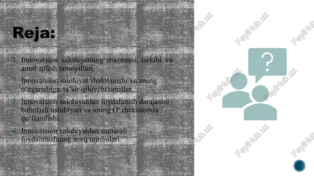 lma salohiyati innovatsion salohiyatni makrodarajada tahlil iqtisodiyot tarmoqlarining innovatsion mahsulotlarini ishlab chiqarishga yoʻnaltiradigan ilmiy-texnik salohiyat. milliy iqtisodiyotda innovatsion rivojlanishning resurs salohiyati: zamonaviy ishlab chiqarish mashinalari va uskunalari; mavjud materiallar va xomashyo; innovatsion rivojlanishni ta‘minlaydigan axborot resurslari; innovatsiyada bevosita novatsiyani qamrab oluvchi inson resurslari; iqtisodiyotda innovatsion jarayonlarni moliyalashtirish imkoniyati sifatida qaraladigan investitsion salohiyat. innovatsion jarayonning ehtiyojlarini qondirish imkoniga ega boʻlgan industrial, ijtimoiy va innovatsion infratuzilmani ifodalovchi infratuzilmaviy salohiyat. inson resurslarining tashabbuskorlik, innovatsiyalarni amaliyotga tatbiq etish, innovatsion jarayonni amalga oshirish va innovatsiyalarni toʻgʻri qabul qilish qobiliyatlarini oʻzida mujassamlashtiruvchi intellektual salohiyat. iqtisodiy tizimning iste‘molchi salohiyati iste‘molchilarning ehtiyojlarini qondirish darajasi va yaratish imkoniyati, samarali talabning mavjudligi sifatida namoyon boʻladi. tadbirkorlik salohiyati innovatsion jarayonda ishtirok etuvchilar tomonidan innovatsion gʻoyalarni amaliyotga tatbiq etuvchisi sifatida qaraladi. 7 intellektual salohiyat tarmoqlardagi ishchi kuchi resurslarining tashabbuskorligi, tadbirkorlik layoqati, yangiliklarni amaliyotga joriy etishi, innovatsion jarayonlarni amalga oshirish va uni yaxshi qabul qila olish imkoniyatlari intellektual salohiyat hisoblanadi. 8 8 ilmiy-texnik …