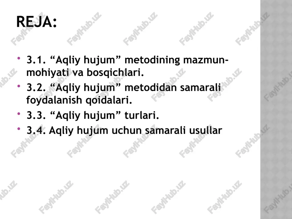 abc aqliy hujumi (abc brainstorming) ushbu tur klassik aqliy hujumni qo‘shimcha qoida bilan to‘ldiradi, unda har bir mashg‘ulot buyurtma qilingan tartib asosida o‘tishi kerakligi aytiladi. abc alifboning har bir harfini harflardan biridan boshlangan mos keladigan g‘oyalarga berishga harakat qiladi. elektron aqliy hujum (electronic brainstorming) raqamli yo‘naltirilgan miya hujumi dasturiy ta‘minot yoki shunga o‘xshash muqobil platformalar bilan birgalikda eng yaxshi darajada ishlaydi. bunday dasturlar o‘z hamkasblarini birlashtirib, o‘zlarining g‘oyalarini qisqa postlar shaklida tezkor so‘rovlarga imkon beradi. qisqa vaqt ichida muddatlarni belgilashda ishchilar o‘z-o‘zidan reaksiya ko‘rsatishga majbur. miya yozuvi (brainwriting) klassik aqliy hujumdan farqli o‘laroq, miya yozuvi jamoaviy dinamizmga zarar yetkazish uchun shaxsiy g‘oyalarni yozishni va keyinchalik to‘plashni o‘z ichiga oladi. belgilangan vaqtdan so‘ng, tashkil etuvchi har bir kishi yozgan narsalarni to‘playdi va yozuvlar ko‘rib chiqiladi va baholanadi. bo’sh daftar usuli (blank notebook method) daftarlar aqliy hujumlar uchun juda mos keladi, ularni to‘liq bajarish uchun ancha vaqt talab etiladi. ushbu aqliy hujum …
