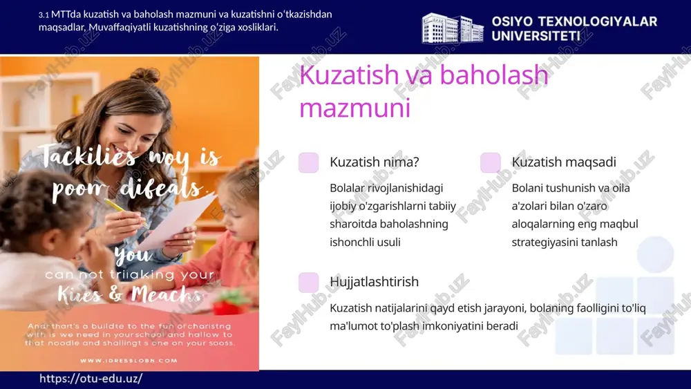 h imkonini beradi 3.1 mttda kuzatish va baholash mazmuni va kuzatishni o‘tkazishdan maqsadlar, muvaffaqiyatli kuzatishning o‘ziga xosliklari. 3 kuzatish bosqichlari 1 dastlabki kuzatish o'quv yili boshida, sentyabr oyida o'tkaziladi. bolaning boshlang'ich imkoniyatlari aniqlanadi. 2 oraliq kuzatish yarim yillik oxirida (dekabr, yanvar) o'tkaziladi. rivojlanish dinamikasi belgilanadi. 3 yakuniy kuzatish o'quv yili oxirida (may oyida) o'tkaziladi. belgilangan vazifalarning bajarilishi baholanadi. 3.1 mttda kuzatish va baholash mazmuni va kuzatishni o‘tkazishdan maqsadlar, muvaffaqiyatli kuzatishning o‘ziga xosliklari. 4 kuzatish orqali aniqlanadigan jihatlar alohida ehtiyojlar bolalarda qondirilishi zarur bo'lgan maxsus ehtiyojlarni aniqlash muammolarni hal etish muayyan vaziyatlarda boladan kutilayotgan xatti-harakatlarni aniqlash rejalashtirishni takomillashtirish bolalarning ehtiyojlariga mos ravishda rejaga o'zgartirishlar kiritish 3.1 mttda kuzatish va baholash mazmuni va kuzatishni o‘tkazishdan maqsadlar, muvaffaqiyatli kuzatishning o‘ziga xosliklari. 5 kuzatish natijalaridan foydalanish 1 ota-onalar bilan hamkorlik kuzatish natijalari asosida ota-onalarga bolalar haqida ma'lumot berish va hamkorlikni kuchaytirish 2 mutaxassislar bilan aloqa zarur hollarda tegishli mutaxassislarga murojaat etish uchun asoslarni taqdim …