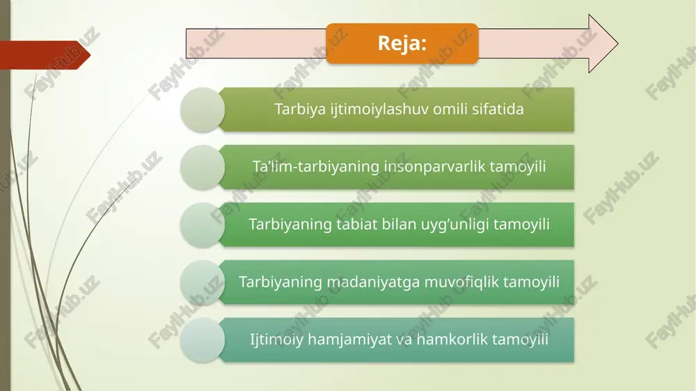 yri ijtimoiy tarbiya amalga oshiriladi; — tarbiyaning vazifa, shakl, usul va vositalari o‘zgaradi; oila a`zolari 01 din arboblari 02 hududiy tarbiya tashkilotlari 03 ijobiy va salbiy sanksiyalar yugindisi 06 tarbiya muassasalari 05 jinoiy va totalitar guruh yetakchilari 04 tarbiya ijtimoiy institut sifatida o`z tarkibiga quyidagilarni qamrab oladi: ijtimoiy institutlar tarbiya ijtimoiy institut sifatida ijtimoiy hayotda muayyan vazifalarga ega bo`lib, uning eng umumiy vazifalari quyidagilardir: — jamiyat a'zolarida bir maqsad sari qaratilgan dunyoqarashni shakllantirish va ular tomonidan tarbiya jarayonida amalga oshirilishi mumkin bulgan bir qator ehtiyojlarning qondirilishi uchun sharoitlar yaratish; — jamiyatda faoliyat yuritish va uni rivojlantirishga qodir bo`lgan kadrlarni tayyorlash; — ijtimoiy hayot barqarorligini madaniyatni avlodlarga meros qoldirish orqali ta'minlash; — o‘zgaruvchan ijtimoiy holatlarga jamiyat a'zolarini moslashishini ta'minlash; — jamiyat a'zolarining intilishlari, maqsadlarining birlashishini va ijtimoiy, kasbiy, etnokonfessial guruxdar manfaatlarining uygunlashuvini ta'minlash. tarbiya tamoyillari tarbiyani amalga oshirish qoidalari bo‘lib, ular asosida nazariyalar ishlab chiqiladi va tarbiyaning shakl metod va vositalari …