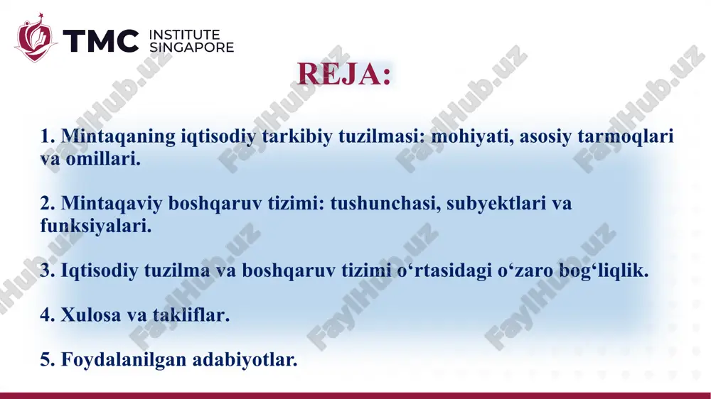 gʻri taqsimlash: mavjud resurslarni eng samarali yoʻnaltirishga imkon beradi; - raqobatbardoshlikni oshirish: mintaqaning iqtisodiy salohiyatini oshiradi va uning raqobatbardoshligini kuchaytiradi; - ishsizlikni kamaytirish: yaratilgan ish oʻrinlari soni va sifatini yaxshilashga yordam beradi. tarkibiy tuzilishga ta’sir etuvchi omillar omil turi ta’siri tabiiy resurslar neft, gaz, metall, yer va suv resurslari tarmoqlarni shakllantiradi iqlim va geografik joylashuv iqlim dehqonchilik turlarini belgilaydi, strategik joylashuv transport-logistika imkonini oshiradi demografik omillar ishchi kuchi miqdori va sifati investitsiya muhiti mahalliy va xorijiy sarmoya hajmi ijtimoiy infratuzilma yashash va ishlash sharoitlari, ta’lim va tibbiyot darajasi mintaqaviy boshqaruv tizimi – bu ma’lum bir hududda ijtimoiy-iqtisodiy jarayonlarni tartibga solish, resurslardan samarali foydalanish va aholi farovonligini oshirishga qaratilgan boshqaruv faoliyatidir. 2. mintaqaviy boshqaruv tizimi: tushunchasi, subyektlari va funksiyalari. boshqaruv subyektlari - markaziy davlat organlari – strategik siyosat va normativ bazani ishlab chiqadi; - viloyat va tuman hokimliklari – mahalliy darajada iqtisodiy rejalashtirish va ijro organlari; - mahalla va fuqarolar yig‘inlari …