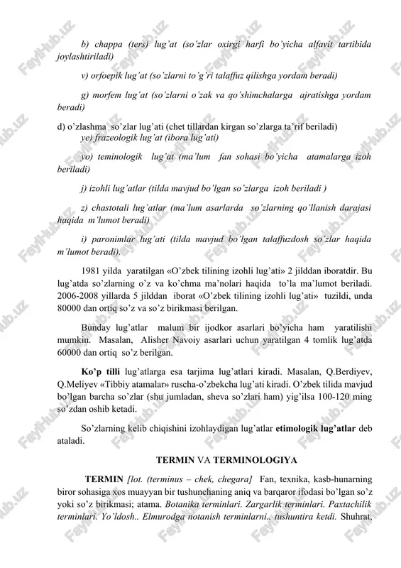 ogik lug’at (ma’lum fan sohasi bo’yicha atamalarga izoh beriladi) j) izohli lug’atlar (tilda mavjud bo’lgan so’zlarga izoh beriladi ) z) chastotali lug’atlar (ma’lum asarlarda so’zlarning qo’llanish darajasi haqida m’lumot beradi) i) paronimlar lug’ati (tilda mavjud bo’lgan talaffuzdosh so’zlar haqida m’lumot beradi). 1981 yilda yaratilgan «o’zbek tilining izohli lug’ati» 2 jilddan iboratdir. bu lug’atda so’zlarning o’z va ko’chma ma’nolari haqida to’la ma’lumot beriladi. 2006-2008 yillarda 5 jilddan iborat «o’zbek tilining izohli lug’ati» tuzildi, unda 80000 dan ortiq so’z va so’z birikmasi berilgan. bunday lug’atlar malum bir ijodkor asarlari bo’yicha ham yaratilishi mumkin. masalan, alisher navoiy asarlari uchun yaratilgan 4 tomlik lug’atda 60000 dan ortiq so’z berilgan. ko’p tilli lug’atlarga esa tarjima lug’atlari kiradi. masalan, q.berdiyev, q.meliyev «tibbiy atamalar» ruscha-o’zbekcha lug’ati kiradi. o’zbek tilida mavjud bo’lgan barcha so’zlar (shu jumladan, sheva so’zlari ham) yig’ilsa 100-120 ming so’zdan oshib ketadi. so’zlarning kelib chiqishini izohlaydigan lug’atlar etimologik lug’atlar deb ataladi. termin va terminologiya termin …