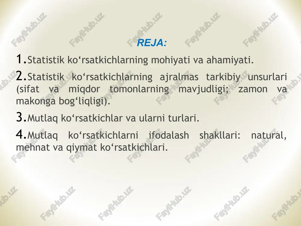 ho bersin; ular hisoblanayotgan asos ma'lumotning har tomonlama to'liqligini ta'minlasin boshlang'ich asos ma'lumotlar va hisoblash texnologiyasi bo'yicha ularni taqqoslash mumkinligini ta'minlasin ular hisoblanayotgan boshlang'ich asos ma'lumotlarning ishonchliligini ta'minlasin. 3 statistik ko'rsatkichlar deb ma'lum makon va zamon sharoitida ommaviy hodisa va jarayonlarning holatini, rivojlanishini, tuzilishini hamda o'zaro bog'lanishlarini ifodalovchi me'yor deb yuritiladi. ob'ektning sifati bilan miqdori o'rtasidagi birliqlik me'yor * 2 milliy hisoblar tizimi (mht) – bu xalqaro standart bo'lib, mamlakatdagi iqtisodiy faoliyat natijalarini ifodalovchi hisoblar va jadvallarning muayyan to'plami shaklida tuzilgan, o'zaro bog'liq statistik ko'rsatkichlar tizimini o'zida aks ettiradi. statistik ko'rsatkichlar majmuini faqat milliy hisoblar tizimi (mht) o'zida aks ettiradi. * 2 7 bosqich xvii asrning ikkinchi yarmidan 1930 yilgacha bo'lgan davr: asosiy e'tibor milliy boylik va daromad ko'rsatkichlarini hisoblashga qaratilgan milliy hisoblar tizimini (mht) shakllanish bosqichlari 1 * 2 7 bosqich 1930 yildan -1953 yilgacha bo'lgan davr: asosiy e'tibor milliy boylik va milliy daromadni hisoblash usullarini takomillashtirish, iste'mol, jamg'arma …