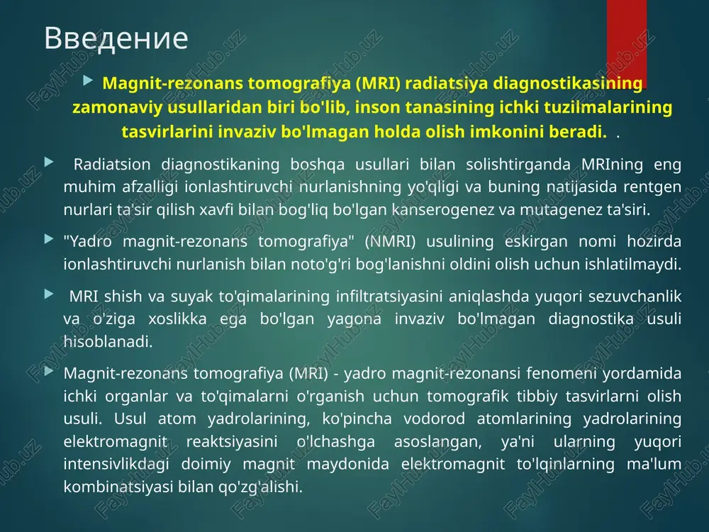 003) mrini rivojlantirish uchun nobel mukofoti laureatlari ser piter mensfild pol loterbur richard ernst * mrining afzalliklari noinvazivlik ionlashtiruvchi nurlanish yo’q tasvirning uch o'lchovli tabiati yumshoq to'qimalarning yuqori kontrasti harakatlanuvchi qonning tabiiy kontrasti yuqori diagnostika samaradorligi * mrining fizik printsipi mri 1946 yilda fiziklar f. bloch va e. purcell tomonidan kashf etilgan yadro magnit rezonansi hodisasiga asoslangan (fizika bo'yicha nobel mukofoti, 1952). yadro magnit rezonansi hodisasining mohiyati - statik magnit maydoni b0 ta'sirida bo'lgan ba'zi elementlarning [h, c, o, p] yadrolarining radiochastota impulsining energiyasini qabul qilish va harakat qilish qobiliyatidir. yuqori energiya darajasiga. yadroning quyi energiya darajasiga o'tgandan so'ng, qabul qilingan energiya chiqariladi - mr signali. elektron magnit rezonansni o'rganish bo'yicha parallel ish qozon davlat universitetida professor e.k.zavoiskiy tomonidan amalga oshirildi. keyingi o'n yilliklar davomida nmr spektroskopiyasi yordamida rezonans chastotalarini aniqlash murakkab moddalarning kimyoviy tarkibini tahlil qilish imkonini berdi. * komponenti mr tomografa magnit – sozdaet staticheskoe odnorodnoe magnitnoe pole …