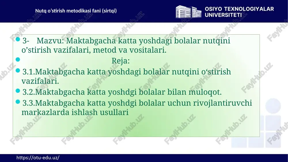 rammatik tizimini shakllantirish jarayonida sintaktik birliklar bilan amallar bajarish ko‘nikmasi shakllanadi, muayyan muloqot sharoitida va ravon monologik fikrlarni tuzish jarayonida til vositalarini ongli ravishda tanlash ta’minlanadi. 3.2.maktabgacha katta yoshdgi bolalar bilan muloqot. muloqot vositalari. maktabgacha yoshdagi bolalar nutqini rivojlantirish murakkab psixologik jarayon bo‘lib, u faqat bolaning eshitgan nutqiga taqlid qilishdan iborat emas.bu jarayon bolalarga muloqot faoliyatini rivojlantirish va birinchi navbatda muloqotga ehtiyoj borligi bilan bog’liqdir. 3.2.maktabgacha katta yoshdgi bolalar bilan muloqot. nutqni rivojlantirish nafaqat bolani atrof-muhit bilan tanishtirish, balki uni umumiy ruhiy rivojlantirish uchun ham zarur. oilada bola nutqini o‘stirishdan maqsad og’zaki nutqni adabiy til me’yorlariga muvofiq holda egallashi, faol nutqqa kirishishini ta’minlashdan iborat 3.2.maktabgacha katta yoshdgi bolalar bilan muloqot emotsional - erkin muloqot ushbu yoshda yetakchi faoliyat turi hisoblanadi. kichkintoy 2-2,5 oyligidan boshlab xatti-harakatlari bilan kattalardan o‘zi bilan muloqotga kirishishni “talab qila» boshlaydi. katta yoshdagi bolalar muloqotning birinchi shakli – hissiy-erkin bo‘lib,bolaning, go‘dakning atrofidagilarga nisbatan qiziqishi uning his-tuyg’ularga boy …
