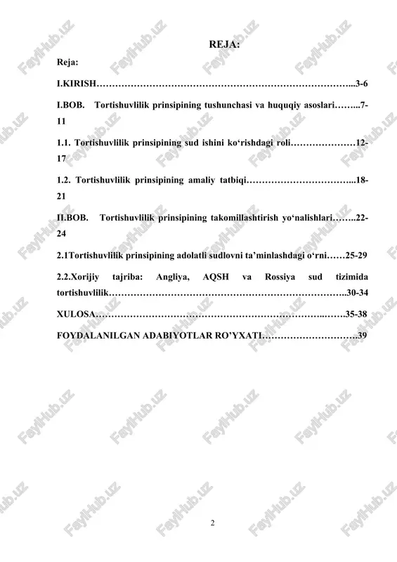i tahlil qilinadi. shuningdek, prinsipning samarali amalga oshirilishiga ta’sir etuvchi omillar hamda amaliy muammolar ko‘rib chiqiladi. sud muhokamasi — bu jinoyat, fuqarolik, iqtisodiy va ma’muriy ishlarni ko‘rib chiqish jarayonida amal qiladigan huquqiy qoidalar yig‘indisidir. sud muhokamasi qonuniylik, adolat, oshkoralik, muhokamaning bevositaligi, taraflar tengligi, mustaqillik kabi asosiy prinsiplarga tayangan holda olib boriladi. ushbu prinsiplarning har biri o‘zbekiston respublikasi konstitutsiyasi va protsessual kodekslarida mustahkamlangan. sud muhokamasi prinsiplari — jinoyat-protsessual qonunchilikda belgilangan va sud muhokamasi jarayonida amal qilinadigan asosiy qoidalar bo‘lib, ular adolatli, xolis va qonuniy sudlovni ta'minlashga qaratilgan. quyida sud muhokamasi prinsiplarining asosiylari keltirilgan: 1. qonuniylik prinsipi sud va boshqa organlar faqat qonunga asoslangan holda ish yuritishi shart. har qanday qaror, harakat yoki protsessual harakat faqat amaldagi qonunlar asosida amalga oshiriladi. 2. sud mustaqilligi sudyalarning faoliyati mustaqildir. ular faqat qonunga bo‘ysunadi. hech kim sudya faoliyatiga aralasha olmaydi — bu jinoyat hisoblanadi. 3. sud muhokamasining oshkoraligi sud majlislari, odatda, ochiq o‘tkaziladi. maxfiy sud …