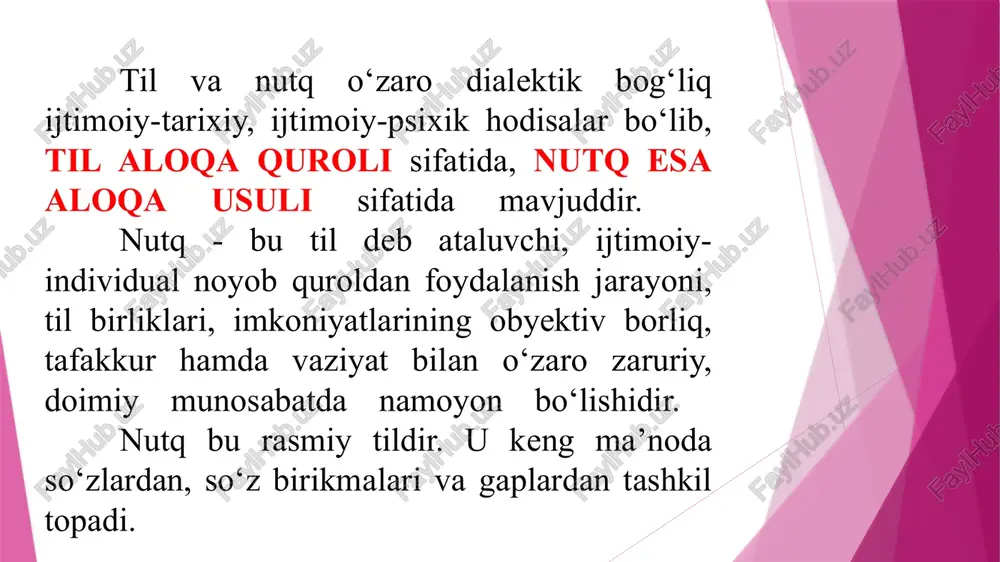 leksik - semantik me’yor. talaffuz – (orfoepik) me’yor. yozuv (grafika) me’yori. fonetik me’yor. 5. aksentologik (urg‘uni to‘g‘ri qo‘llash) me’yor. 6. grammatik (morfologik va sintaktik) me’yor. 7. so‘z yasalish me’yorlari. 8. imloviy me’yor. 9. uslubiy me’yor 10. punktuatsion me’yor. so’z va termin qo’llash (leksik) me’yorlari. o’zbek adabiy tilining lug’aviy, ya’ni so’z qo’llash me’yorlari deyilganda, so’z variantlaridan hamma uchun tushunarli bo’lgan ko’rinishini tanlab olish tushuniladi. agar bir tushunchani ifodalash uchun shevalarda birdan ortiq so’z varianti bo’lsa (narvon, shoti, zangi, uzangi), ulardan eng muqobili, hamma uchun tushunarli bo’lgani tanlanib, qolganlari shevalarda qolaveradi. yoki terminlar tizimiga odam, kishi, inson, kimsa, bashar, shaxs sinonimik qatoridan shaxs so’zini termin sifatida qabul qilish lug’aviy me’yor sanaladi til nutq til va nutq o‘zaro bog‘liq hodisalar bo‘lib, til nutq uchun ashyodir, imkoniyatdir, nutq esa voqelikdir, ya’ni nutq til materiali asosida tashkil topadi. til jamiyat a’zolari uchun umumiy bo‘lib, ruhiy va moddiy materialdan iboratdir. 10 til – aloqa quroli, til …