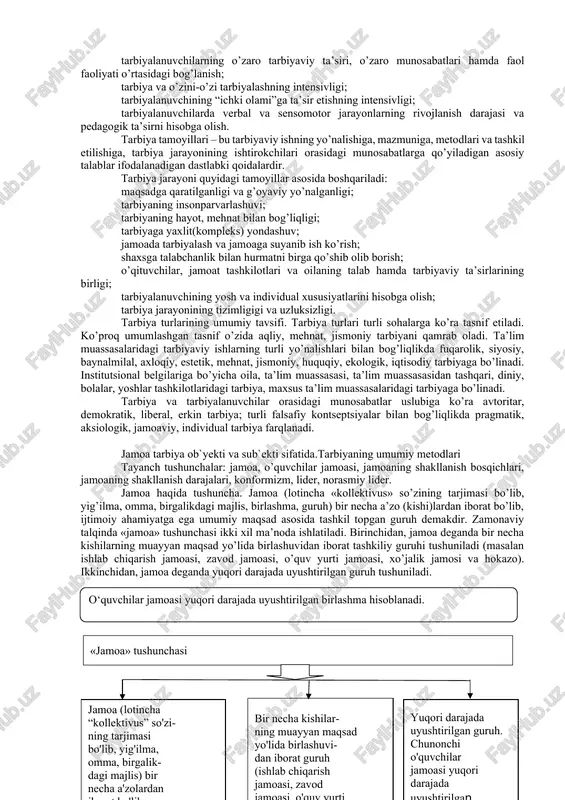 jarayonidir. tarbiya jarayoni o’ziga xos xususiyatlarga ega: maqsadga yo’naltirilganligi; ko’p qirrali jarayon; uzoq muddat davom etishi; uzluksizligi; yaxlitligi; variativligi; natijalarning oldindan aniqlanmasligi; ikki tomonlamalilik; tarbiya qonuniyatlari – bu bir tomondan, ijtimoiy hodisa sifatida tarbiyaning xususiyatlari, ikkinchi tomondan, shaxsning rivojlanishi bilan bog’liq bo’lgan barqaror aloqalar. tarbiya jarayonining quyidagi qonuniyatlari mavjud: ijtimoiy muhitning ob’ektiv va sub’ektiv omillariga bog’liqligi; tarbiyaning shaxsning rivojlanishi bilan birligi va o’zaro bog’liqligi; faoliyat va munosabatni e’tirof etish shaxsning ijtimoiy qimmatli fazilatlarini shakllantirishning negizi va asosiy manbai; tarbiyalanuvchilarning o’zaro tarbiyaviy ta’siri, o’zaro munosabatlari hamda faol faoliyati o’rtasidagi bog’lanish; tarbiya va o’zini-o’zi tarbiyalashning intensivligi; tarbiyalanuvchining “ichki olami”ga ta’sir etishning intensivligi; tarbiyalanuvchilarda verbal va sensomotor jarayonlarning rivojlanish darajasi va pedagogik ta’sirni hisobga olish. tarbiya tamoyillari – bu tarbiyaviy ishning yo’nalishiga, mazmuniga, metodlari va tashkil etilishiga, tarbiya jarayonining ishtirokchilari orasidagi munosabatlarga qo’yiladigan asosiy talablar ifodalanadigan dastlabki qoidalardir. tarbiya jarayoni quyidagi tamoyillar asosida boshqariladi: maqsadga qaratilganligi va g’oyaviy yo’nalganligi; tarbiyaning insonparvarlashuvi; tarbiyaning hayot, …
