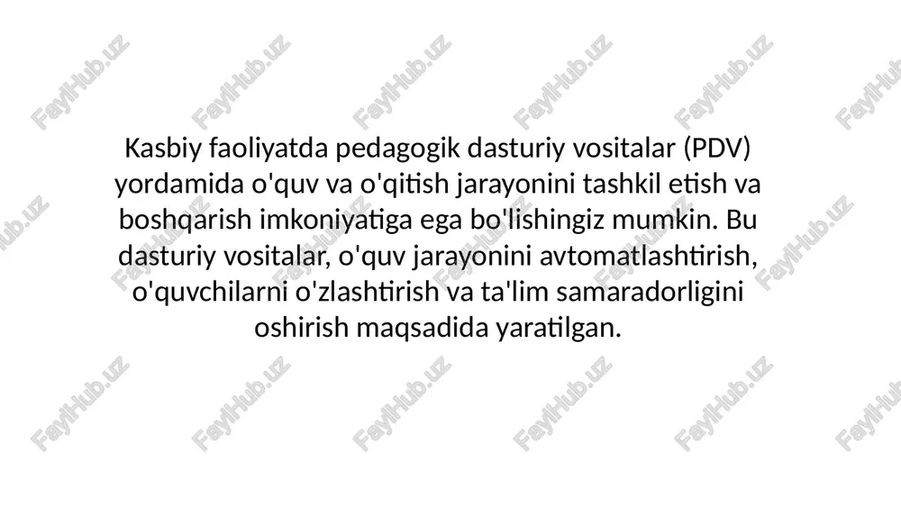 falar yaratish, vebinarlar tashkil etish imkonini beradi. bu platformalar orqali o'quv jarayonini interaktiv va qiziqarli qilishingiz mumkin. o'quv videolar va animatsiyalar: animatsiyalar va video darslar o'quvchilarga qiziqarliroq ta'lim bermoq uchun foydalaniladi. bu vositalar orqali o'quvchilarga ko'rganlarini vizual ravishda tushuntirish va tushunishni osonlashtirish imkoniyati mavjud. kasbiy faoliyatda pedagogik dasturiy vositalardan foydalanish, o'quv va o'qitish jarayonini avtomatlashtirish, o'quvchilarni o'zlashtirish va o'quv samaradorligini oshirishni hedeflash imkonini beradi. qo'llangan tarmoq vositalariga qarab, siz o'quvchilarning yaxshi tushunishini va o'rganishini ta'minlashga intilishishingiz mumkin. image1.jpeg image2.png image3.jpeg image4.jpeg image5.png /docprops/thumbnail.jpeg