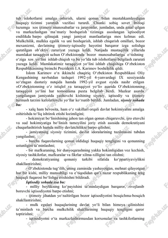 – iqtisodiy, tarixiy, milliy va xalqaro sharoiti har xil bo‘lganligi tufayli, unga o‘tishning milliy xususiyatlari ham mavjud bo‘ladi. shu nuqtai nazardan biror mamlakatning taraqqiyot yo‘lini yoki taraqqiyot modelini borligicha qabul qilib bo‘lmaydi. natijada o‘ziga xos yo‘lni tanlash muhim hisoblanadi. o‘zbekiston mustaqillikka erishganidan so‘ng kun tartibida jahon andozalariga mos keladigan davlat qurish, siyosiy, ijtimoiy va iqtisodiy sohada tub islohotlarni amalga oshirish, ularni qonun bilan mustahkamlaydigan huquqiy tizimni yaratish vazifasi turardi. chunki sobiq sovet ittifoqi tuzumga xos ijtimoiy munosabatlar va jarayonlar, jumladan, unda amal qilgan va markazlashgan ma’muriy boshqarish tizimiga asoslangan iqtisodiyot endilikda barpo qilinajak yangi jamiyat manfaatlariga mos kelmas edi. mulkchilik, mulkka egalik va uni boshqarish, ishlab chiqarish omillari, bozor mexanizmi, davlatning ijtimoiy-iqtisodiy hayotini barqaror izga solishga qaratilgan ob’ektiv zaruriyat yuzaga keldi. natijada mustaqillik yillarida mamlakat taraqqiyot uchun o‘zbekistonda bozor munosabatlariga o‘tishning o‘ziga xos yo‘lini ishlab chiqish va bu yo‘lda tub islohotlarni belgilash zarurati yuzaga keldi. mamlakatimiz taraqqiyot yo‘lini ishlab chiqishiga …