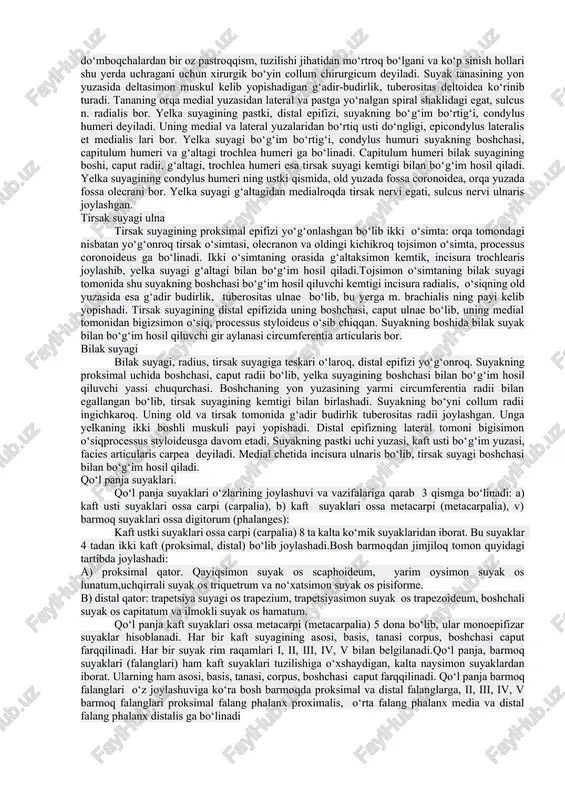 lanadi. kurakning bu qirralari bir biriga o‘tishda 3 ta burchak, - angulus superior, angulus inferior, angulus lateralis larni hosil qiladi. kurakning qovurg‘a va orqa yuzlari, facies costalis et dorsalis lari farqqilinadi. kurak suyagining qovurg‘a yuzasi fossasubscapularis deb ataladi. dorsal yuzasi uning qirrasi, spina scapulae yordamida qirra usti chuqurchasi, fossa supraspinata ga va qirra osti chuqurchasi, fossa infraspinata ga bo‘linadi. kurak suyagining qirrasi lateral tomonga yo‘nalib akromion, acromion o‘sig‘ini hosil qiladi. kurak suyagining lateral burchagida bo‘g‘im chuqurchasi, cavitas gleniodale bo‘lib, uning ustki va pastki qismlarida muskullar yopishuvchi do‘mboqchalari bor. kurakning yuqori qirrasi chetida tumshuqsimon o‘simtasi, processus coracoideus bor.o‘mrov suyagi, clavicula lotincha s harfini eslatuvchi bo‘lib, uning tanasi corpus claviculae va ikki uchi: to‘sh suyagiga qaragan uchi, extremitas sternalis akromionga qaragan uchi, extremitas acromialis lari bor. o‘mrov suyagi kurak suyagini mahkamlagan holda, yelka bo‘g‘imini ko‘krak qafasidan ma’lum ma’sofada ushlab turadi.yelka suyagi, humerus uzun naysimon suyaklar toifasiga kiradi. uning tanasi, corpushumeri va proksimal …