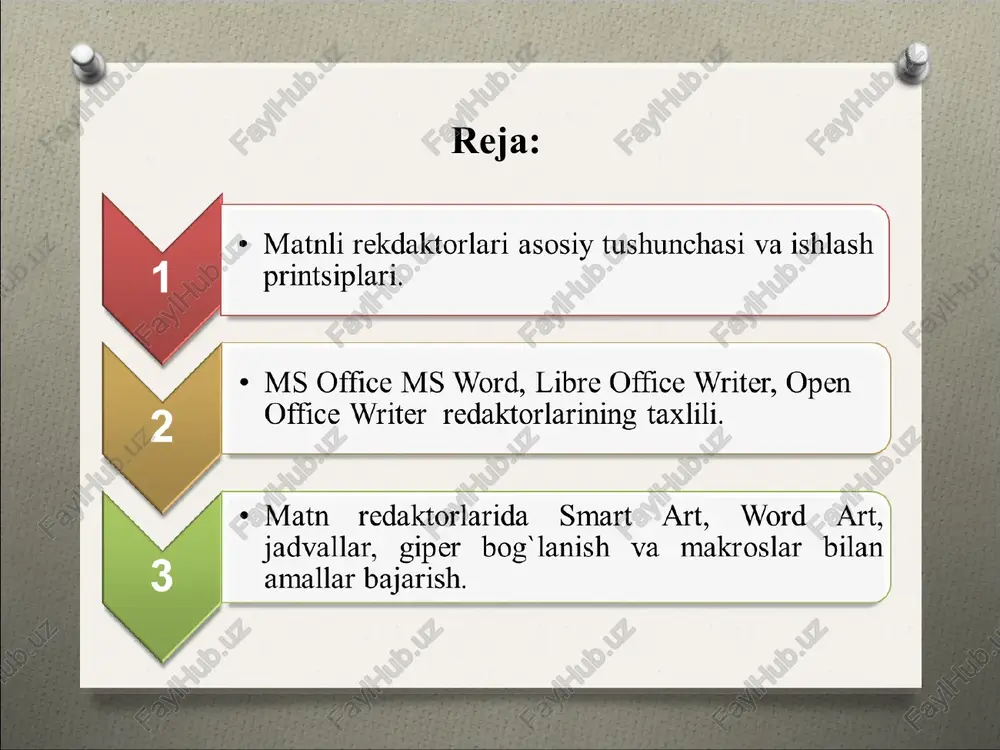 muharriridir. ms word – matnli va grafikli ma'lumotlar ustida yuzdan ortiq operatsiyalarni bajaruvchi hamda matnli protsessorlar sinfiga kiruvchi eng takomillashgan amaliy dasturlardan biri hisoblanadi. ms word – yordamida ixtiyoriy ko'rinishdagi hujjatni juda tez va yuqori sifatda tayyorlash mumkin. dasturning yana bir qulaylik tomoni shundan iboratki, unda bir nechta hujjatlar bilan, ya'ni ularni qo'shish, biridan ikkinchisiga kerakli joyni ko'chirib olish, matn oldiga tasvir tushirish, jadval tashkil qilish, turli shriftlar bilan ishlash, harflarni istalgan shaklda etarlicha katta formatda chop etish mumkin. biroq, ms word ayrim “kamchiliklar”dan ham xoli emas. masalan: matematik ifodalar va kimyoviy formulalarni kiritishda katta qiyinchiliklar mavjud. bundan tashqari, juda murakkab strukturali poligrafik (atlaslar, albomlar va jurnal muqovalari) materiallarni tayyorlashda noqulaylik yuzaga keladi. * * - “zapusk programmi” oynasi yordamida (bosh menyuda “vipolnit…”) buyrug’i tanlanadi va ochilgan oynada fayl nomi- winword.exe kiritiladi, ok tugmasi bosiladi word dasturi oynasi * * ms word 2003 oynasi menyu qatori ishchi maydon holat satri …