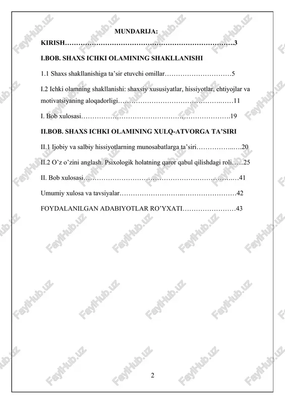 huvlariga, shuningdek, jamiyat va madaniyat bilan aloqalariga asoslanadi. ushbu kurs ishida shaxsning ichki olamining shakllanishiga ta'sir qiluvchi asosiy omillar, psixologik nazariyalar va rivojlanish jarayonlari tahlil qilinadi.kurs ishi davomida shaxsiyatning shakllanishiga oid psixologik va ijtimoiy aspektlar, shaxsning o'zligini anglash jarayoni va bu jarayondagi o'zgarishlar, shuningdek, shaxsning ichki olamining psixologik rivojlanishdagi o'rni haqida to'liq tahlil beriladi. maqsad, shaxsning ichki dunyosining qanday shakllanayotganini va uning ijtimoiy muhitda qanday namoyon bo'lishini tadqiq qilish. ushbu kurs ishida biz “shaxsning ichki olamini” tadqiq etar ekanmiz avvalo buning metadologik asosini tuzishimiz zarur. kurs ishining predmeti: umumiy psixologiyaning ilmiy-tadqiqot metodlari kurs ishining obyekti: jamiyat ta’sirida shakllangan, rivojlanayotgan shaxs tuzilmasi va uning ichki olami kurs ishining maqsadi: shaxs ichki olamini o’rganish, ularning xarakter-xususiyatlarini tekshirish. shaxs sifatida rivojlanishda ichki olamning ahamiyatini aniqlashtirish kurs ishining vazifasi: psixolog sifatida yetishib borayotgan talabalarni shaxsni o’rganish, tushunish va u bilan ishlash jarayonida shaxs ichki olamiga diqqat qaratish ko’nikmasini shakllantirish orqali to’g’ri metod tanlash va …