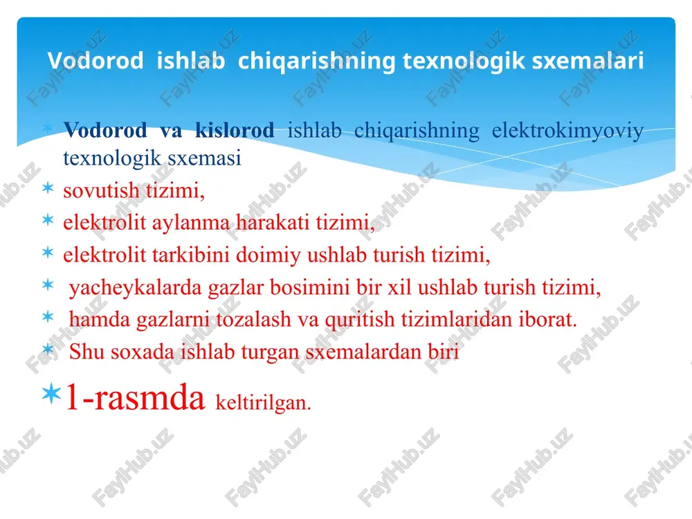 lizi (elektrolizator) yordamida vodorod ishlab chiqarishni o'rnatish asbobi vodorod olinishi va gazlar haqida ma’lumotlar genri kavendish (1731 –1810) u har xil turdagi "yonmaydigan havo" – co2 va "yonuvchi havo" - vodorod mavjudligini ko'rsatdi. cavendish, ruxni xlor kislota bilan reaksiyaga kirishtirib, vodorod hosil qildi. u vodorod ancha engilroq ekanligini ko’rsatdi. 1775 yili elektr uchquni ta’sirid birinchi bolib vodorod va kisloroddan suv oldi. jak aleksandr charlz 1783 vodorod bilan to'ldirilgan birinchi shar oldi, bu sharlari 3 km balandlikacha ko'tarildi. 1800 - 1950 yillarda "shahar gazi" 50% h2 + 30% ch4 + 6% co ko'chalarni yoritish va energiya ta'minoti uchun keng ishlatilgan 1960-yillarda uning o'rnini tabiiy gaz egalladi. 1890-yillarda konstantin tsiolkovskiy vodorodni kosmik kemalar uchun yoqilg'i sifatida ishlatishni taklif qildi 1911 yil - karl bosch (bosch) nh3 va ammiak o'g'itlarini olish jarayonini tashkil etdi sintetik o'g'itlar ishlab chiqarish. savol va topshiriqlar: elekrt o’tkazuvchanlik deganimiz nima va o’lchashda qaysi asbobdan foydalanamiz vodorod olishdagi bir …