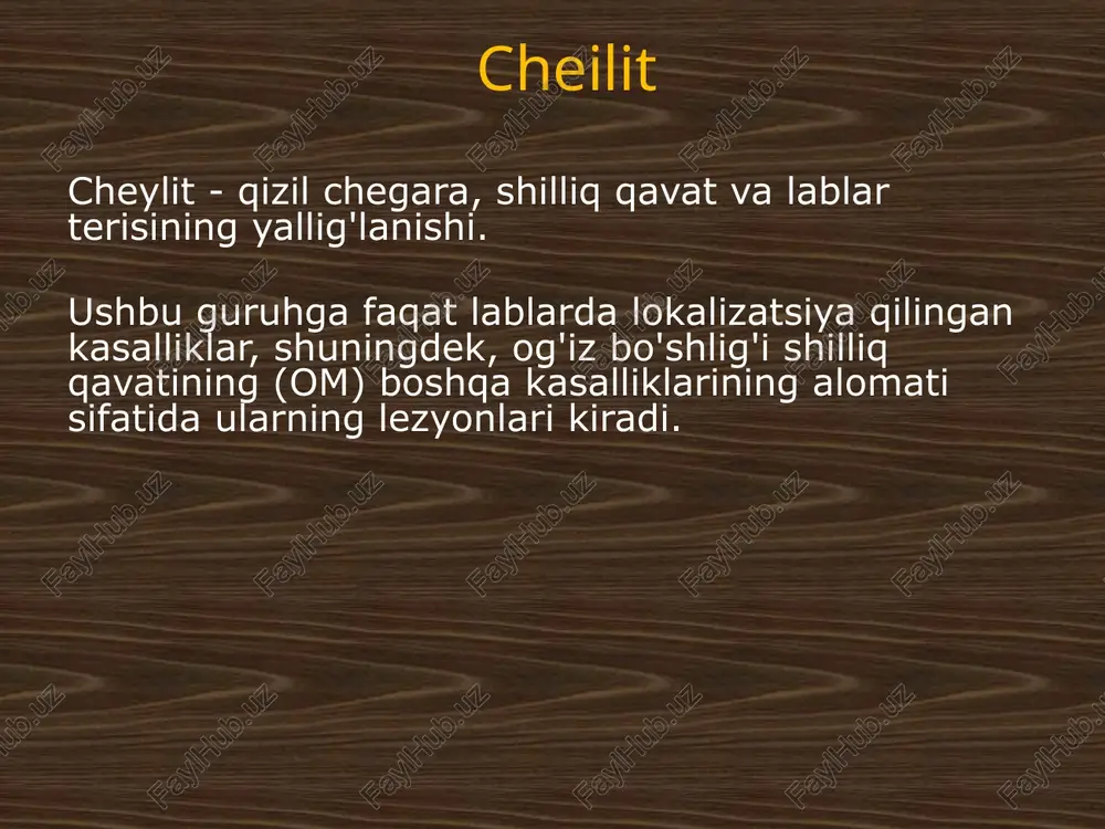 iagnostika. klinik va anamnestik ma'lumotlarga asoslangan. actinik xeylit jarayon bahor va yozda sodir bo'ladi va yomonlashadi va yuzning quyosh ekzemasi bilan birlashtirilishi mumkin. ko'pincha pastki lab ta'sir qiladi. ko'ra , ikkita shakl ajratiladi: quruq va ekssudativ . quruq bo'lganda shakl aktinik cheilitis, qizil chegara quruq, yorqin qizil rangga ega bo'lib, kumush-oq tarozilar bilan qoplangan. eksudativ shaklda shishgan, yorqin qizil chegara fonida pufakchalar paydo bo'ladi, ular tezda ochilib, eroziya, qobiq va yoriqlar hosil qiladi. davolash. quyosh ta'siridan qochish kerak. og'iz orqali - fotosensibilizatsiya qiluvchi vositalar ( delagil , plaquenil , xingamin ); antigistaminlar (" zyrtec ", " xyzal ", " telfast " va boshqalar); b vitaminlari (b2, b6); tashqi tomondan - kortikosteroid moylari (" ftorokort ", " sinalar ", " locakorten " va boshqalar); fotoprotektiv kremlar (" antgelios " seriyasidan), aerozol " fenkortosol ". prognoz qulay. meteorologik cheilit . meteorologik omillar (yuqori yoki past namlik, havo changi, shamol, sovuq, quyosh radiatsiyasi) …