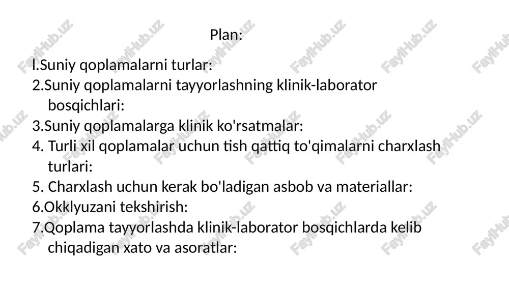 a qo'yiladi teleskopik qoplama birinchi qoplama tishga fiksatsiya qi li nadi 2 materialdan tashkil topadi • metall va keramika • metall va plastmassa sun'iy qoplamalarning tasnifi funksiyasiga ko'ra: 1. tiklovchi ; 2. asos; 3. fiksatsiya qiluvchi; 4. himoyalovchi; 5. profilaktika uchun; 6. shinalash uchun; 7. ortodontik. asos tishlarga ko'priksimon qoplamalar shinalash uchun quyma yarim qoplamalar vnihs noi/misoodlvo sun’iy qoplamalarning tasnifi tayyorlash materialiga ko'ra: 1. metall; 2. plastmassa; 3. keramik (chinni); 4. kombinirlangan; 5. keromerlar; 6. sitallar. f du; /ftvl iiw f a ' slw ft / *1 /4 1 /1:1'i 11.\ i ^ 1 d x ' j v i \ i kjx metalkeramikdan keramik metall qoplama qoplama qoplama i, / 1 , 1<£rme,4 - * ^ to’liq keramik tilla asosli keramik qoplamalar qoplama tilla qoplamalar sun’iy qoplamalarning tasnifi tayyorlanish metodi(texnologiyasiga) ko'ra: 1. ezilib tayyorlanadigan; 2. quyma; 3. kavsharlangan; 4. polimerlash; 5. kompyuter texnologiyasida frezerlash (cad/cam): 6. qizdirish orqali. ezilib …