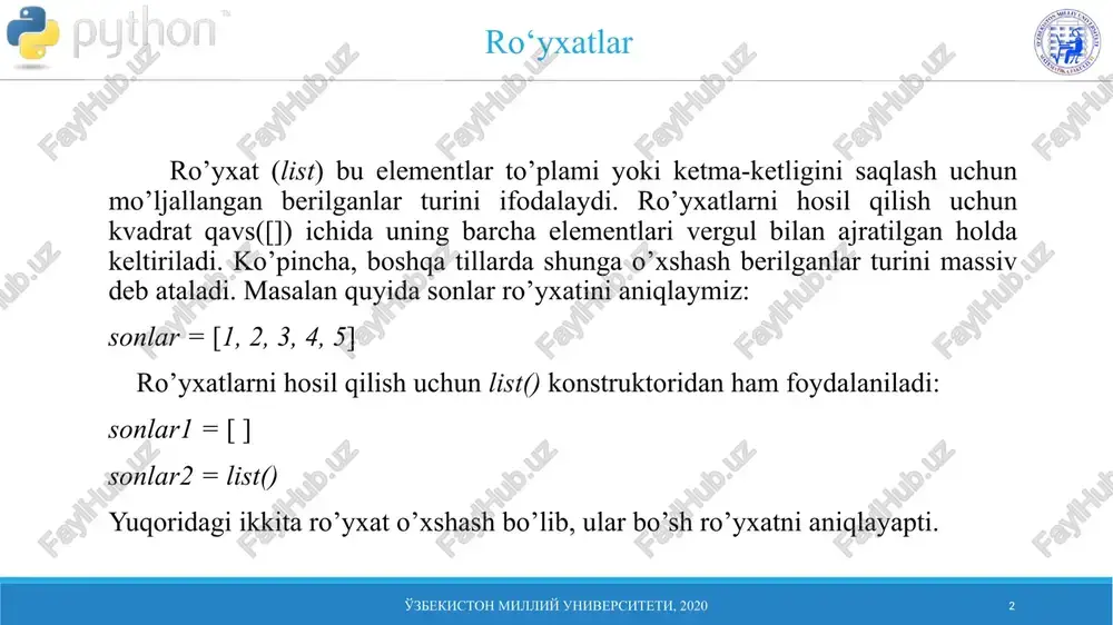 da quyidagilar amalga oshirilsin: ro‘yxatga yangi element qo‘shilsin; tanlangan va index bo‘yicha element o‘chirilsin; tanlangan element tahrirlansin; ro‘yxatlar qismlarga ajratilsin: juft va toq o‘rindagilar; raqamalar o‘sish va kamiyish bo‘yicha tartiblansiz; ro‘yxat tozalansin. o'zbekiston milliy universiteti, 2020 5 masala kodi 1 # bo'sh ro'yxat yaratish phonenumbers = [] while true: print("buyruqlar:") print("1-yangi raqam qo'shish") print("2-tahririlash") print("3-o'chirish") print("4-oxirgi raqami chiqarish") print("5-ro‘yxatlar qismlarga" + "ajratilsin: juft va toq o‘rindagilar") print("6-raqamalar o‘sish va " + "kamiyish bo‘yicha tartiblansiz") print("7-ro‘yxat tozalansin") print("8-raqamalarni chop etish") print("0-chiqish") o'zbekiston milliy universiteti, 2020 6 masala kodi 2 # buyruqni kiritish command = int(input("buyruq raqamini kiriting: ")) # birinchi buyroq funksiyasiga murojat qilish if command == 1: addnumber() # keyingi if shartlarni qaramaslik uchun continue # ikkinchi buyroq funksiyasiga murojat qilish if command == 2: editnumber() continue # uchunchi buyroq funksiyasiga murojat qilish if command == 3: deletenumber() continue o'zbekiston milliy universiteti, 2020 7 masala kodi 3 # 4-buyroq funksiyasiga …