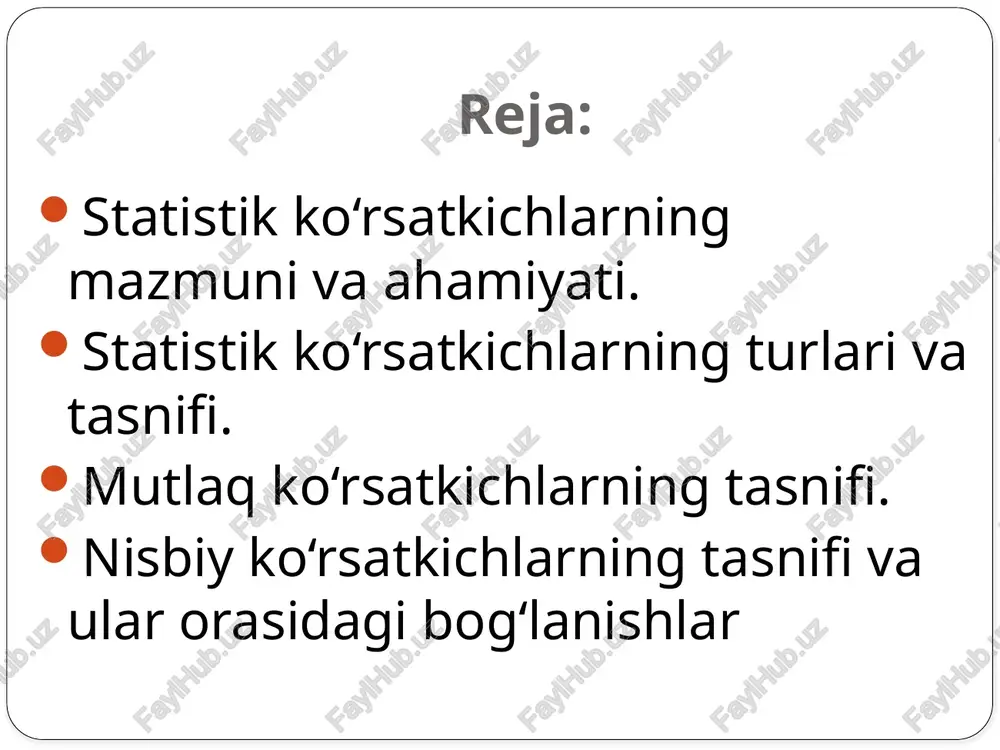 ‘rinadi. misol qilib, paxta yetishtirishni olaylik. paxta - sifat, yerni haydash va chigit ekishdan boshlab yetishtirilgan hosilni yig’ib olishgacha bo’lgan davrda sarflangan mehnat mahsuli. u tuzilishi, xususiyatlari, iste'mol qiymati bilan boshqa mahsulotlardan farq qiladi. shu bilan birga, yetishtirilgan paxta o’z miqdoriga ham ega. masalan, 2019 yilda o’zbekistonda 4,5 mln. tonna paxta yetishtirildi. bu son paxta yetishtirish hajmini, hodisa miqdorini belgilaydi. hodisalarning sifat va miqdor tomonlari bir-biri bilan chambarchas bog’liqdir. ular har qanday voqeaning, har qanday hodisaning ikki tomoni bo’lib, bir-biri bilan uzviy birlikda bo’ladi va bir-birini taqozo etadi. demak, miqdor o’zgarishlarining sifat o’zgarishlari bilan aloqasi qonuniydir. bu qonunning mohiyatidan kelib chiqqan holda bunday deb ifodalash mumkin: tabiatdagi sifat o’zgarishlari faqat materiya yoki harakatning miqdor jihatdan ko’payishi yoki kamayishi yo’li bilangina sodir bo’lishi mumkin. demak, sifat o’zgarishlari faqat miqdor o’zgarishlari vositasidagina sodir bo’ladi. statistik ko’rsatkich belgilari (tarkibiy unsurlari) ta’riflanayot gan obyekt va uning unchurlari fazoviy chegaralar (hudud, tarmoq va h.k. vaqt …