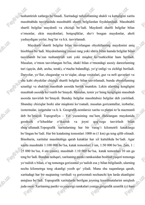 di. tabiatda ko‘rinmaydigan ba’zi voqea va hodisalar ham shartli belgilar yordamida tasvirlanishi mumkin, masalan suv ostini chuqurligi va uning miqdori (quduq suvining) xatto suvining sifati, magnit og‘ish burchagi, yeming geologik o‘tmishi, zilzila va h.k. shartli belgilar xaritaning tili deb yuritiladi. topografik plan va xaritalarning shartli belgilari masshtabli, masshtabsiz va tushuntirish xatlarga bo‘linadi. xaritadagi tafsilotlaming shakli va kattaligini xarita masshtabida tasvirlashda masshtabli shartli belgilardan foydalaniladi. masshtabli shartli belgilar maydonli va chiziqli bo‘ladi. maydonli shartli belgilar bilan o‘rmonlar, ekin maydonlari, botqoqliklar, sho‘r bosgan maydonlar, aholi yashaydigan yerlar, bog‘lar va h.k. tasvirlanadi. maydonli shartli belgilar bilan tasvirlangan obyektlaming maydonini aniq hisoblasa bo‘ladi. maydonlaming yuzasi rang yoki shtrix bilan hamda belgilar bilan tasvirlanib ba’zan tushuntirish xati yoki miqdor ko‘rsatkichlar ham beriladi. masalan, o‘rmon tasvirlangan bo'isa, shakl bilan o‘rmondagi asosiy daraxtlaming turi (qayin, dub, archa, terak), o‘rtacha balandligi, yo‘g‘onligi va zichligi beriladi. daryolar, yo‘llar, chegaralar va to‘siqlar, aloqa vositalari, gaz va neft quvurlari va shu …