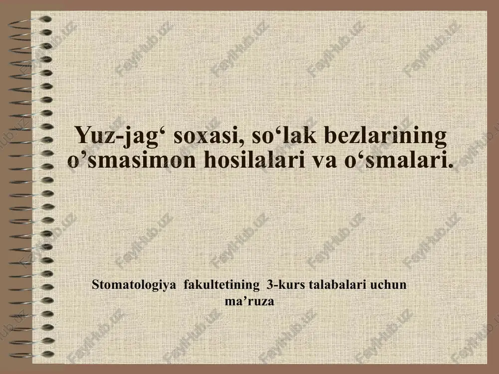 morit, odontogen kista - odontogen o‘sma, ba'zan rakni keltirib chiqarishi mumkin. keratokista yoki primordial (birlamchi) kista - dizontogenez natijasida kelib chiqadi. odontogen kistaning nisbatan kam uchraydigan turi bo'lib, tish shakllanishi kerak bo’lgan sohada, emal organi yulduzsimon epiteliysining kistoz degeneratsiyasi yoki emal va dentinning ohaklanishi natijasi. joylashuvi; - pastki jag‘ning burchagida, molyarlar soxasida, ba'zan tish chiqmasdan qolgan joyda xosil bo‘ladi. kista devori yupqa, fibroz to‘qimadan iborat, ichki yuzasi ko‘p qavatli yassi epiteliy bilan qoplangan, parakeratoz belgilari kuzatiladi. ular orasida odontogen epiteliy orolchalari uchraydi. kista bo‘shlig‘ida xolesteatomaga o‘xshash modda bo‘ladi. kista bir necha bo‘shliqlar xosil qilishi mumkin. ba'zan olib tashlangandan keyin qaytadan paydo bo‘ladi, retsidiv berishi mumkin. follikulyar kista - bu tish murtagi to'qima-larining shakllanishini buzilishi oqibatida kelib chiqadi. uning rivojlanishi emal organi epiteliysi bilan bog'liq bo'lib, ko’pincha hali chiqmagan tishlar toj qismlarini shakllanish bosqichining buzilishi (dizontogenez) oqibatida rivojlanadi. ko‘pincha pastki va yukori jag‘dagi 2-premolyar, 3-molyar, qoziq tishlarga bog‘liq. kista jag‘ning alveolyar …