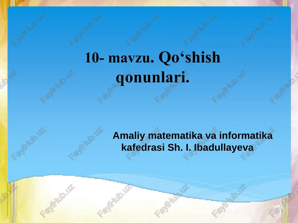 lar birlashmasining kommutativligiga asosan). 2°. qo’shish amali assotsiativdir: (∀a, b, c∈n0) a + (b + c) = (a + b) + c). isbot: a = n(a), b = n(b), c = n(c) va a∩b = ∅, b∩c = ∅, a∩c = ∅ bo’lsin. a + (b + c) = n(a ∪(b∪c)), (a + b) + c = n((a∪b)∪c) to’plamlar birlashmasining assotsiativligiga ko’ra a∪(b∪c) = (a∪b)∪c . demak, a + (b + c) = (a + b) + c. 3°. 0 ni yutish qonuni: (∀a∈n0) a + 0 = a. isbot. a = n(a), 0 = n(∅), a + 0 = n(a∪∅) = n(a) + n(∅), a∪∅ = a bo’lgani uchun. 4°. qo’shish amali qisqaruvchandir: (∀a, b, c∈n0) a + c = b + c.⟺a = b, isbot.a = n(a), b = n(b), c = n(q)bo’lsin. a = b⇒a∪c = b∪c bo’ladi. qo’shish amali ta’rifidan n(a)=n(b)⇒n(a∪c) = n(b∪q, a = b⇒a …
