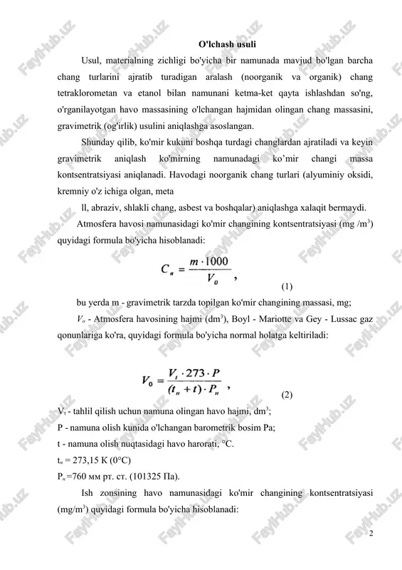 sidagi ko'mir changining kontsentratsiyasi (mg /m3) quyidagi formula bo'yicha hisoblanadi: (1) bu yerda m - gravimetrik tarzda topilgan ko'mir changining massasi, mg; vo - atmosfera havosining hajmi (dm3), boyl - mariotte va gey - lussac gaz qonunlariga ko'ra, quyidagi formula bo'yicha normal holatga keltiriladi: (2) vt - tahlil qilish uchun namuna olingan havo hajmi, dm3; r - namuna olish kunida o'lchangan barometrik bosim pa; t - namuna olish nuqtasidagi havo harorati, °s. tn = 273,15 k (0°s) rn =760 mm rt. st. (101325 pa). ish zonsining havo namunasidagi ko'mir changining kontsentratsiyasi (mg/m3) quyidagi formula bo'yicha hisoblanadi: (3) bu yerda m- gravimetrik tarzda topilgan ko'mir massasi, mg; v20- atmosfera havosining hajmi (dm3), boyl - mariotte va gey - lussac gaz qonun lariga ko'ra, quyidagi formula bo'yicha standart sharoitlarga tushiriladi: (4) bu yerda vt - tahlil qilish uchun namuna olingan havo hajmi, dm3; r- namuna olish kunida o'lchangan barometrik bosim, mm hg …