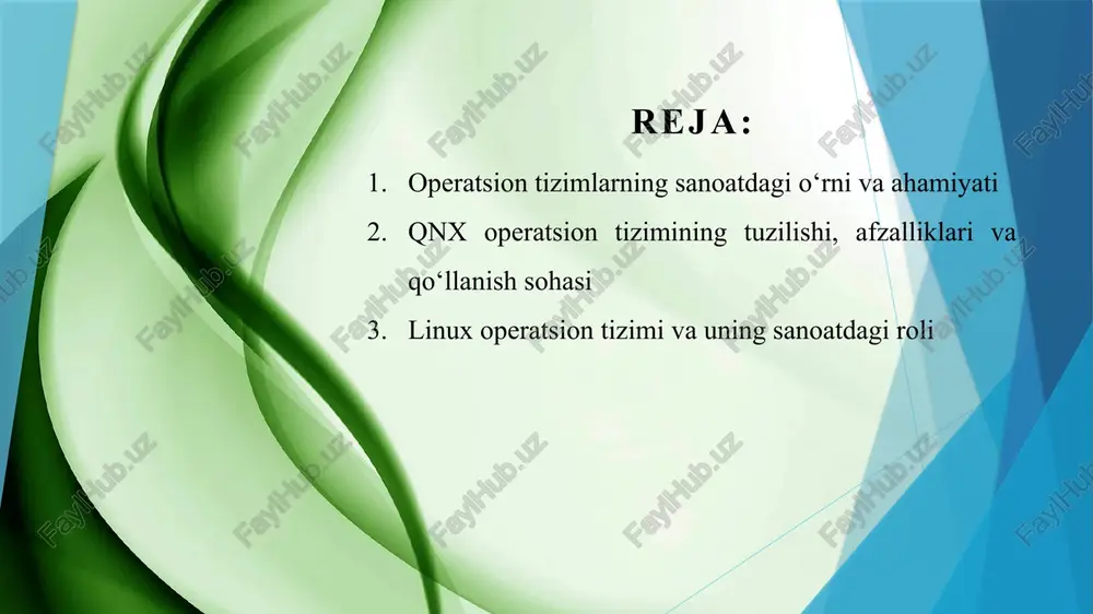 r bilan jihozlanadi, bu esa ishdan chiqish holatlarida avtomatik tiklanish imkonini beradi. sanoatda otlardan foydalanish nafaqat ishlab chiqarish samaradorligini oshiradi, balki inson omilining ta’sirini kamaytirish, energiya tejamkorligini ta’minlash, xavfsizlikni oshirish va ma’lumotlar uzluksizligini kafolatlash imkonini beradi. qnx operatsion tizimining tuzilishi, afzalliklari va qo‘llanish sohasi qnx — bu mikroyadroli real vaqt operatsion tizimi (rtos — real time operating system) bo‘lib, u sanoat, avtomobilsozlik, aviatsiya, tibbiyot va boshqa xavfsizlik muhim sohalarda keng qo‘llaniladi. ushbu tizim 1982-yilda kanadalik qnx software systems kompaniyasi tomonidan ishlab chiqilgan va bugungi kunda blackberry limited kompaniyasiga tegishli. qnx o‘zining ishonchliligi, xavfsizligi va real vaqt rejimida ishlash xususiyati bilan boshqa tizimlardan ajralib turadi. qnx’ning asosiy arxitektura prinsipi — mikroyadro (microkernel) tuzilishidir. oddiy monolit yadroli tizimlardan farqli ravishda, qnx’da yadro juda kichik hajmda bo‘lib, faqat eng muhim funksiyalarni bajaradi. qolgan tizim xizmatlari esa alohida modullar ko‘rinishida tashqi jarayonlar sifatida ishlaydi. qnx mikroyadrosi quyidagi asosiy komponentlardan iborat: proc manager (process manager) …