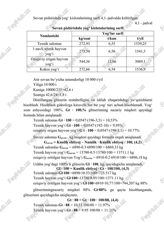 texnik hayvon yog‘i 273,50 6,56 1541,5 oziqaviy erigan hayvon yog‘i 544,36 13,06 3069,1 kokos yog‘i 272,66 6,54 1536,9 atir sovun bo‘yicha unumdorligi 10 000 t/yil yiliga 10 000 t kuniga 10000/235=42,6 t soatiga 42,6/24=1,8 t distillangan glitserin rentabelligini va ishlab chiqarishdagi yo‘qotishlarni hisoblash. hisoblash gidrolizga kiruvchi har bir yog‘ turi uchun hisoblanadi. yog‘ xom ashyosidagi 100%, gt ∙ 100,% glitserinning nazariy miqdori quyidagi formula bilan aniqlanadi: texnik salomas gt ∙ 100 = 0,0547∙(196-3,5) = 10,53% texnik hayvon yog‘i gt ∙ 100 = 0,0547∙(192-10) = 9,95% oziqaviy erigan hayvon yog‘i g t ∙ 100 = 0,0547∙(198-1,1) = 10.77% suvsiz salomas gsuvsiz , kg miqdori quyidagi formula orqali aniqlanadi gsuvsiz = kunlik ehtiyoj – namlik ∙ kunlik ehtiyoj / 100, (4,2) texnik salomlas gsuvsiz = 6890-0.3∙6890/100 = 6869,33 kg texnik hayvon yog‘i gsuvsiz = 13780-0.5∙13780/100 = 13711.1 kg oziqaviy eritilgan hayvon yog‘i gsuvsiz = 6910-0.2∙6910/100 = 6896,18 kg ushbu yog‘dagi 100% li …