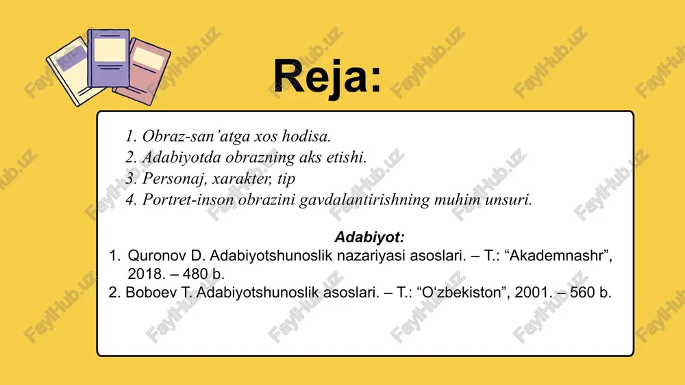 da ijodiy qayta ishlanib, hissiy idrok etish mumkin bo‘lgan shaklda ifodalangan aksidir. adabiyotda obrazning aks etishi. badiiy obrazning xususiyatlari individuallashtirilgan umumlashma sifatida namoyon bo‘lishi. ratsional va emotsional birlik ekani. metaforiklik. assotsiativlik. ko‘pma’nolilik. tugallanmaganlik. (d.quronovga ko’ra) adabiyotda obrazning aks etishi. badiiy obrazning xususiyatlari badiiy obrazning umumlashmaligi badiiy obrazning konkretligi va individualligi 3. badiiy obraz tuzilishida to’qima badiiy obrazning estetik ta’sirchanligi (t.boboyevga ko’ra) inson – adabiyotdagi asosiy obraz. badiiy adabiyotda inson obrazini to‘laqonli yaratish, uni o‘quvchi ko‘z oldida konkret jonlantirish uchun xizmat qiladigan qator vositalar, badiiy unsurlar mavjud. bular: muallif xarakteristikasi, portret, badiiy psixologizm, personaj nutqi. badiiy psixologizm inson – adabiyotdagi asosiy obraz. badiiy psixologizm deyilganda personaj ruhiyatining ochib berilishi, xatti-harakatlari, gap-so‘zlarining psixologik jihatdan asoslanishi tushunilib, u mazkur vazifalarni amalga oshirishga xizmat qiluvchi qator usul, vositalarni o‘z ichiga oladi. obraz yaratish yo’llari inson – adabiyotdagi asosiy obraz. jamlash-san’atkor hayotdagi ko’plab odamlar turmushini, ichki dunyosini, urf-odatini, ruhiyatini, mehnat faoliyatini puxta o’rganish asosida ularning …