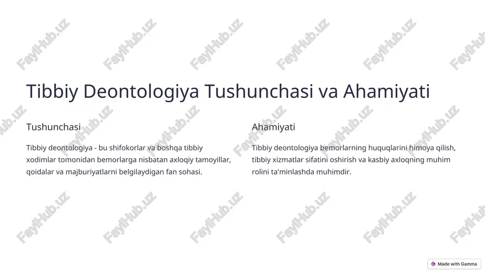 iy ma'lumotlarini himoya qilish va ularni oshkor qilishga ruxsatsiz foydalanishdan qochish. tanlov erkinligi bemorlar o'z davolash usullarini tanlash, davolanishdan bosh tortish huquqiga ega. adolatli muomala huquqi bemorlarga teng imkoniyatlar berish, ajratmaslik, kamsitishdan qochish. * tibbiy maxfiylik va axborot xavfsizligi 1 bemorlarning shaxsiy ma'lumotlarini himoya qilish uchun qat'iy qoidalar va protokollarni belgilash. 2 tibbiy ma'lumotlarni yig'ish, saqlash, ishlatish va oshkor qilish uchun aniq qoidalarni belgilash. 3 axborot tizimlari va ma'lumotlar bazalarini xavfsizlikdan himoya qilish va kirishni cheklash. * tibbiy xizmatlar ko'rsatishda adolatlilik va hamdardlik barcha bemorlarga teng imkoniyatlar berish, ajratmaslik, kamsitishdan qochish. bemorlarning ehtiyojlarini tushunish va ularga g'amxo'rlik qilish, ularning his-tuyg'ularini hurmat qilish. bemorlarga qiyin vaziyatlarda yordam berish, ularni qo'llab-quvvatlash va ularning xavotirlarini bartaraf etish. * tibbiy xodimlar uchun kasbiy risklarni minimallashtirish 1 xavfsizlik choralari xavfsizlik qoidalariga rioya qilish, himoya vositalaridan foydalanish, ish joyini xavfsizlashtirish. 2 kasbiy malaka tibbiy bilimlarni oshirish, amaliyotlarni to'g'ri bajarish, xatolarni oldini olish. 3 etik qoidalar bemorlarga …