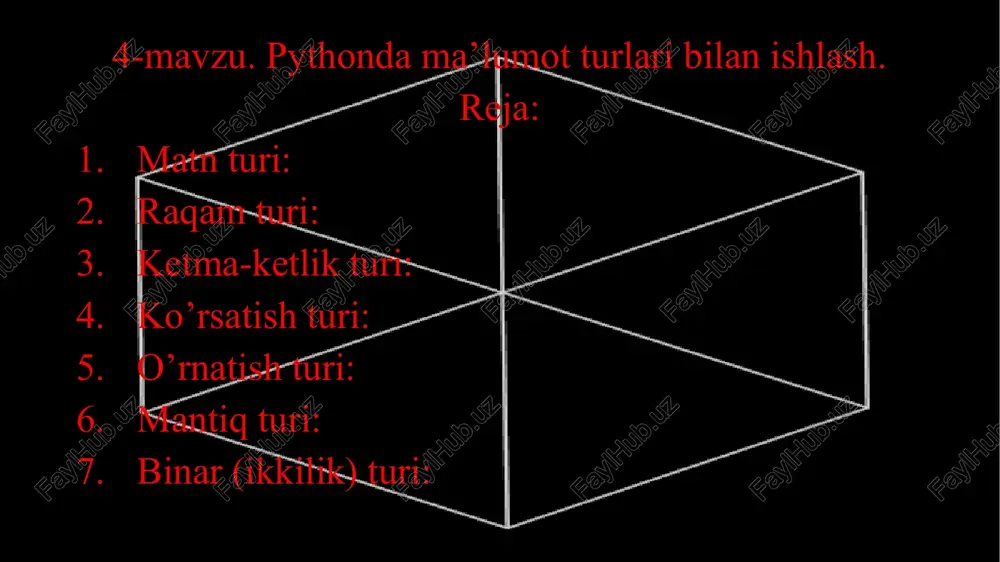 ri bilan tekshirish mumkin. bunday holatda qidirilayotgan jumla bor bo’lsa true (rost) , aks holda false (yolg’on) qiymati qaytariladi. quyidagi kodimizda “hayot” jumlasi borligini tekshirib ko’ramiz: txt = “hayotning har bir daqiqasi qadirli" x = “hayot" in txt print(x) 7 endi satrda “hayot” jumlasi yo’qligini tekshiramiz. bu yerda “hayot” jumlasi satrda borligi uchun false (yolg’on) qiymati qaytariladi: txt = " hayotning har bir daqiqasi qadirli " x = “hayot" not in txt print(x) 8 satrlar formati biz satr va sonli o’zgaruvchilarni birgalikda to’g’ridan to’g’ri ishlata olmaymiz. satr ichida sonli o’zgaruvchini qo’llash uchun format() funksiyasidan foydalaniladi. bu funksiya sonli qiymatni olib satrli o’zgaruvchiga aylantiradi va {} belgisi qo’yilgan joy o’rnida o’sha qiymatni joylashtiradi. yosh = 21 matn = "mening yoshim {} da" print(matn.format(yosh)) 9 satrni formatlash format() funksiyasi bilan amalga oshiriladi. bu narsa bizga satr ichiga qiymatlarini joylashtirsh uchun kerak bo’lgan joyga maxsus qavslar qo’yiladi va format() funksiyasi bilan kerakli qiymat …