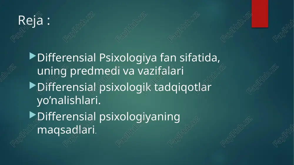 ishi va uning hati – harakatlarida namoyan bo’lishi. 2. rivojlanish psixologiyasi differensial psixologiya yondashuvlari ko’pincha hayotning turli bosqichlarida psixologik hususiyatlarni o’rganishi rivojlanishning qaysi jihatlari barqaror va qaysi biri o’zgaruvchanligini aniqlash uchun ishlatiladi. 3. ijtimoiy psixologiya shax va ijtimoiy muhitnining o’zaro ta’siri va individual xususiyatlarning ijtimoiy xulq- atvorga qanday ta’sir qilishini o’rganish differensial va ijtimomiy psixologiyaning umumiy manfaatidur. 4.klinik psixologiyasi shaxs farqlarini tahlil qilish psixopatologiyani tushunish, tashhis qo’yish psixopatologiyaning samarali usullarini tanlashda muhum rol o’ynaydi. 5. pedagogika psixologiya shaxs xususiyatlarini aniqlash har bir o’quvchini ehtiyojlarini hisobga olgan holda yanada samarali usullarini tanlashda muhum rol o’ynaydi. individual farqlar turli omillar jumaladan, genetika, atrof – muhit va shaxs xusuiyatlari bilan shakillanadi individual farqlarning asosiy manbaalari : 1. genetika : irsiyat ota- onalardan o’tadigan genetik xususiyatlar xarakterining ko’plab jihatlari masalan, temperament turli kassaliklarga moyillik va boshqalarning aniqlash mumkun. 2. atrof- muhut va tarbiya. oilaviy ta’lim ota onalar va ularning tarbiyalash usullari va farzandlari bilan …