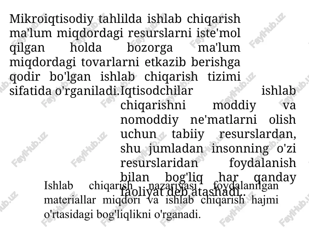 gi ishlab chiqarish omillaridan kamida bittasining hajmini o'zgartirish mumkin bo'lmagan vaqt qisqa muddatli davr deb ataladi. uzoq muddatli davr - bu barcha ishlab chiqarish omillari hajmining o'zgarishi uchun etarli vaqt va shuning uchun undagi barcha omillar o'zgaruvchan. uzoq muddatli ishlab chiqarish funktsiyasining uzoq muddatli davr shaklning funktsiyasidir bu yerda a, 𝛂 va β– ishlab chiqarish texnologiyasini tavsiflovchi ijobiy konstantalar 𝛂 va β ϵ(0;1). 𝛂 va β ko'rsatkichlari har biri 1 dan kichik bo'lgan omillar bo'yicha ishlab chiqarishning elastiklik koeffitsientlariga teng. 𝛂 + β=1 ishlab chiqarish funktsiyasi kobb-duglas funktsiyasi deb ataladi (neoklassik ishlab chiqarish funktsiyalari deyiladi): leontyev funktsiyasining o'zaro to'ldiruvchi omillari bilan ishlab chiqarish funktsiyalari ham ma'lum. ushbu ishlab chiqarish texnologiyasi bilan mahsulot ishlab chiqarishning resurslardan foydalanish hajmiga nisbati doimiy qiymatdir: ai- i-omilning o'rtacha unumdorligi f- ishlab chiqarishda qo'llaniladigan i-omilning qiymati n-ishlab chiqarishda ishlatiladigan omillar soni o'rtacha unumdorlikning teskari qiymati texnologik xarajat koeffitsienti (bi) deb ataladi, uning yordamida leontyev ishlab chiqarish …