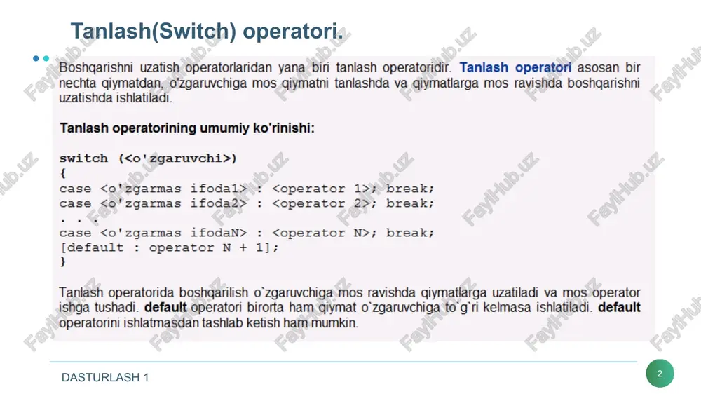 = b; break; case 1: a = c; } tanlash operatori dasturlash 1 xulosa * shartga oid masalalarni algoritm va dasturini tuzishda. masala yechimini ishlab chiqish holatiga qarab shartni tekshirish operatori (if () else ) yoki tanlash operatori (switch() case ) dan foydalanish maqsadga muvofiq.