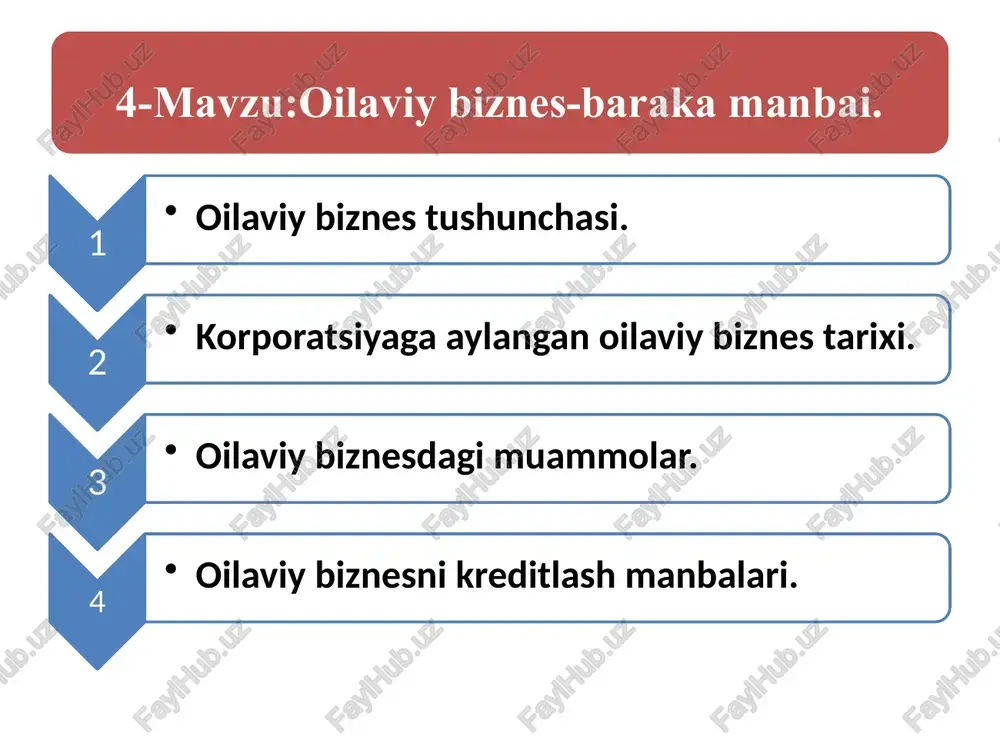 sung group (koreya) va tata guruhi (hindiston). oilaviy biznesning o’ziga xosligi firmaning mulkdorlari uni meros bo’yicha avlodlariga qoldirishga intiladilar. “oilaviy tadbirkorlik”, “oilaviy korxona”, “oilaviy firma”, “oilaviy kompaniya”, “oila mulkchiligida bo’lgan biznes” va “oila tomonidan nazorat qilinadigan kompaniya” atamalari mazmun nuqtai nazaridan bir ma’no kasb etadi. oilaviy tadbirkorlik atamasiga ta’rif o’zbekiston respublikasi “oilaviy tadbirkorlik to’g’risida”gi qonunining 3- moddasida quyidagicha ta’rif berilgan: “oilaviy tadbirkorlik oila a’zolari tomonidan tavakkal qilib va o’z mulkiy javobgarligi ostida daromad (foyda) olish maqsadida amalga oshiriladigan tashabbuskorlik faoliyatidir”. oilaviy biznes jahon iqtisodiy amaliyotida oilaviy biznes sektori yetarlicha tarixiy tajriba bosqichlarini bosib o’tgan. bu shubhasiz o’zbekiston xalqining qadimiy an’analari, qadriyatlarida ham o’z aksini topgan. ma’lumki, xususiy tadbirkorlik xalqimizning qon-qoniga singib ketgan bo’lib, qadim zamonlarda ham ajdodlarimiz biror bir kasbni puxta egallab, u orqali ro’zg’orini tebratgan. xususan, xalq hunarmandchiligining yog’och o’ymakorligi, zardo’zlik, kashtachilik,temirchilik, kulollik singari yo’nalishlari mahallalarda oilaviy tadbirkorlikning namunasi sifatida taraqqiy etayotir. ayni paytda oilaviy biznesning xorijiy mamlakatlardagi rivojlanish …