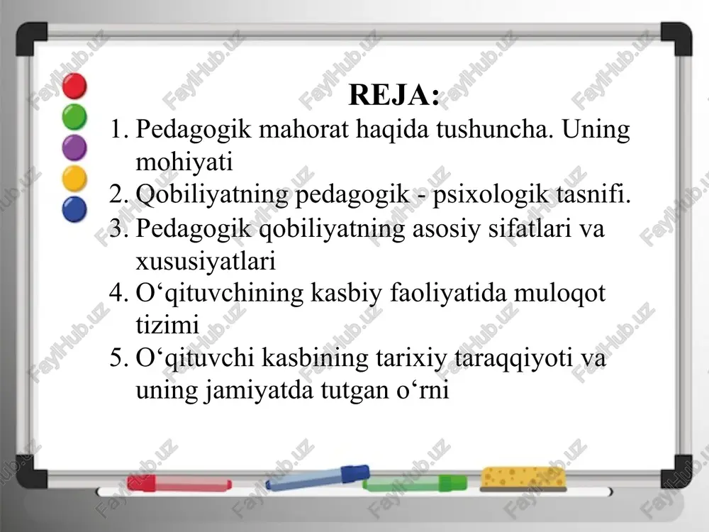 'zaro hamkorligi, muloqot olib borish taktikasi, nutq madaniyati, tafakkuri, tarbiyachining ma’naviy - ma’rifiy tarbiyaviy ishlarini tashkil etish va amalga oshirish, bu jarayonda xulq-atvori va hissiyotini jilovlay olish xususiyatlarini o'rgatadi va o'z kasbini rivojlantirib boruvchi pedagogik faoliyatlar tizimi to'g'risida ma’lumotlar beradi. pedagogik mahoratning tashkil etuvchi komponentlari: o'z fanining o'qitish metodikasini mukammal bilishi; pedagogik qobiliyatlarini namoyish eta olishi; pedagogik texnikani o‘z o’rnida qo'llay bilishi. o‘qituvchilik kasbiga sadoqat; "novator o'qituvchi”, o'zining yaxlit pedagogik vosita va usullari mavjudligi bilan farqlanib turadi. shu bilan birga novator o‘qituvchilar ilmiy tahlil, o‘ziga tanqidiy ko'z bilan qaray bilish xususivatlariga ham ega bo‘ladi. ularning ko'pchiligida g'oyat murakkab, boshqalar o'ziga ishonmaydigan sharoitlarda ham o‘z ishlarining to'g'ri ekanligiga ishonch bo'ladi. kommunikativ va didaktik kreativlik pedagogik qobiliyatning asosi hisoblanadi. pedagogik qobiliyat ijodkorlik qobiliyatiga ta’sir ko'rsatadi va o'z navbatida ichki sezgini rivojlantiradi. pedagogik ijodkorlik qobiliyati, ichki sezgi va umumiy intellekt kesishganda ijod mahsuli yaratiladi. kreativlikni baholashda atrof-muhitning bog`liqligi uning shakllanishi va rivojlanishida namoyon …