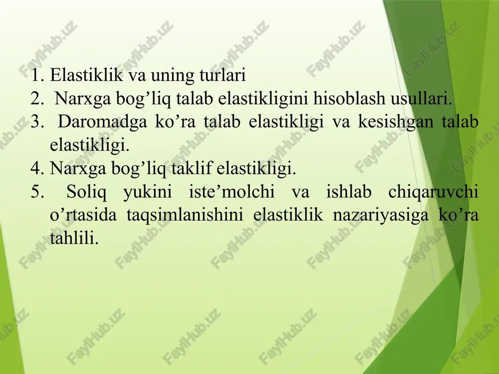 adi. maʼlum bir tovarning kam oʼrinbosarlari boʼlsa: ushbu holatda yendi bizda past elastiklik mavjud boʼladi. buni sababi quyidagicha: m: sayohatni olsak: siz amerikaga sayohat qilmoqchisiz. chiptani faqat oʼzbekiston havo yoʼllari kompaniyasidan olinadi boshqa kompaniyalar amerikaga bilet sotmaydi. ushbu holatda oʼrinbosar tovarlar kam. uzairways chiptani qimmat qilib qoʼyadigan boʼlsa siz mana shu chiptalarni sotib olishga majbur boʼlasiz chunki sizda mana shu holatda boshqa oʼrinbosar tovarlar yoq. ushbu holatda elastiklik past boʼladi. 2. qisqa muddat: koʼchada yomgʼir yogʼayotgan boʼlsin sotuvchi soyabon narxini oshiradigan boʼlsa piyodalar kiyimi hoʼl boʼlib ketmasligi uchun shu koʼchadagi doʼkonimizdan soyabonni olishga majbur boʼlishadi. ularning bizning narxdagi oʼzgarishga sezuvchanligi yuqori boʼlmaydi. muddat uzoq bolsa yuqori elastiklik boʼladi. 3. agar malum bir tovar sizning daromad ulushingizning kam qismini tashkil qilsa odatda bizda past yelastiklik mavjud boʼladi. masalan: saqich daromad ulushini juda kam qismini tashkil qiladi. talab miqdoringiz saqich narxidagi oʼzgarishlarga sezuvchan boʼlmaydi. agar malum bir tovar sizning daromad ulushingizning koʼp …