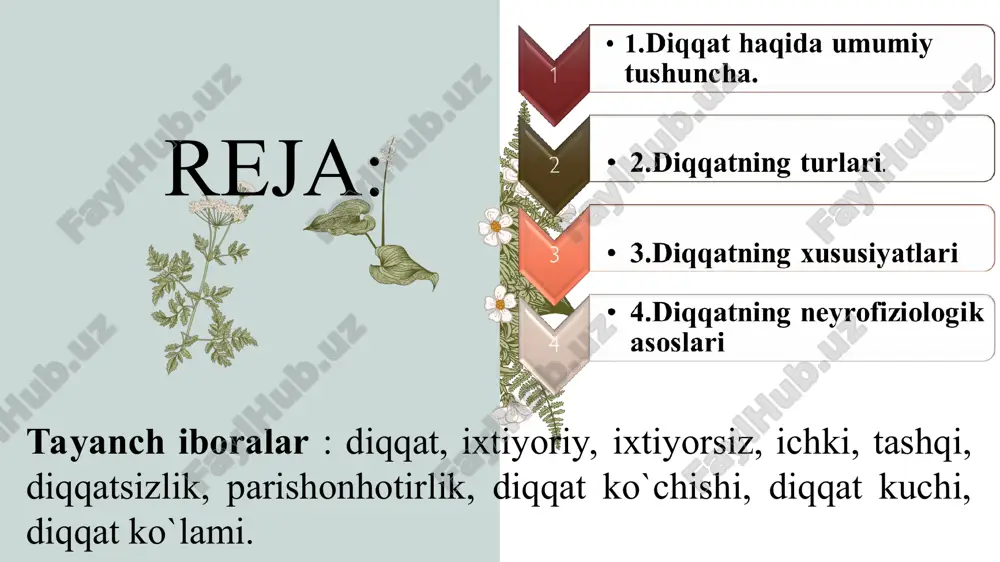 zo‘r berishlikni, ya’ni irodaviy kuch sarf etishni talab etadi * ixtiyorsiz diqqat ixtiyorsiz diqqat deb to‘satdan ta’sir qilgan biror sabab tufayli bizning xohishimizdan tashqarida hosil bo‘ladigan diqqatga aytiladi. masalan: hikoya o‘qish jarayonida reaktiv samalyotning qattiq va bahaybat tovushi, chiroyli musiqa ohangi, ko‘z o‘ngingizda paydo bo‘lgan yorqin ranglar, yorqin rangli predmetlar, biror narsaning keskin harakati. zagolovok prezentatsii * zagolovok prezentatsii * ixtiyoriydan keyingi diqqat avtomatlashgan diqqat bo‘lib, dastlab diqqat qilish talab qilinadi, malaka va ko‘nikma hosil qilingandan keyin ya’ni, o‘zlashtirilgandan so‘ng diqqat talab qilinmaydi. * * diqqatning xususiyatlari * 4.diqqatning neyrofiziologik asoslari diqqatning fiziologik asosini a.a uxtomskiy va i.p.pavlov kashfiyotlari va ilmiy ishlari ochib beradi. nerv sistemasiga bir qancha qo‘zg‘ovchilar bir vaqtda tasir qilsa bosh miya po‘stida shu ongning o‘zida bir necha qo‘zg‘alish o‘choqlari paydo bo‘ladi. nazvanie prezentatsii * nazvanie prezentatsii bir vaqtning o‘zida bir nechta qo‘zg’alish o‘choqlari yuzaga kelganda g‘olib bo‘lgan qo‘zg‘alish o‘chog‘i dominanta deb nomlanadi. dominanta subdominantaga, subdominanta dominantaga …