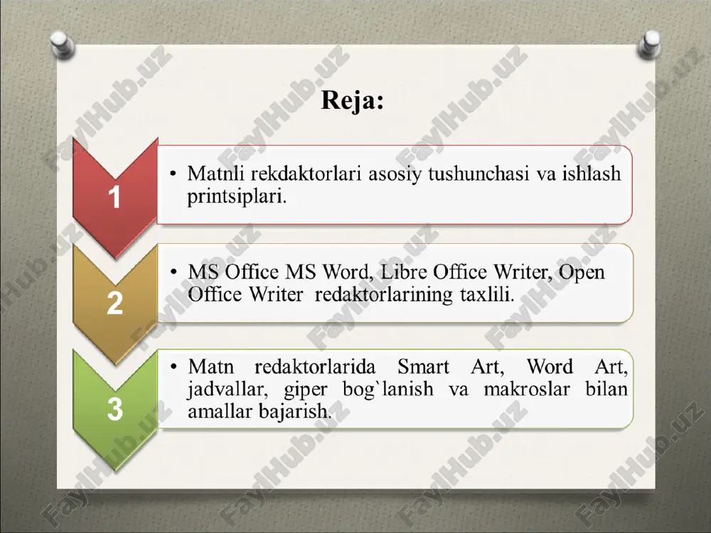muharriridir. ms word – matnli va grafikli ma'lumotlar ustida yuzdan ortiq operatsiyalarni bajaruvchi hamda matnli protsessorlar sinfiga kiruvchi eng takomillashgan amaliy dasturlardan biri hisoblanadi. ms word – yordamida ixtiyoriy ko'rinishdagi hujjatni juda tez va yuqori sifatda tayyorlash mumkin. dasturning yana bir qulaylik tomoni shundan iboratki, unda bir nechta hujjatlar bilan, ya'ni ularni qo'shish, biridan ikkinchisiga kerakli joyni ko'chirib olish, matn oldiga tasvir tushirish, jadval tashkil qilish, turli shriftlar bilan ishlash, harflarni istalgan shaklda etarlicha katta formatda chop etish mumkin. biroq, ms word ayrim “kamchiliklar”dan ham xoli emas. masalan: matematik ifodalar va kimyoviy formulalarni kiritishda katta qiyinchiliklar mavjud. bundan tashqari, juda murakkab strukturali poligrafik (atlaslar, albomlar va jurnal muqovalari) materiallarni tayyorlashda noqulaylik yuzaga keladi. * * - “zapusk programmi” oynasi yordamida (bosh menyuda “vipolnit…”) buyrug’i tanlanadi va ochilgan oynada fayl nomi- winword.exe kiritiladi, ok tugmasi bosiladi word dasturi oynasi * * ms word 2003 oynasi menyu qatori ishchi maydon holat satri …