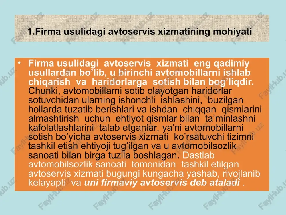 oservisining o’ziga xosligi, boshqa kompaniyalar servisidan biron-bir jihati bilan ajralib turishidir. masalan, ba’zi avtomobilsoz kompaniyalar o’z mahsulotlari- avtomobillar yoki ularning muhim qismlariga kafolatli ishlash davrlarini boshqalarga nisbatan ko’proq belgilasalar, boshqalari esa servis xizmatida mijozlar uchun turli imtiyozli qulayliklar yaratish bilan shugullanadilar. 2.firma usulidagi avtoservis xizmatini tashkil etish turlari va qoidalari avtomobilsoz kompaniyalar firma usulida ishlovchi avtoservis xizmatini tashkil etish uchun katta hajmdagi iqtisodiy-tashkiliy masalalarning tahlilini,o’tkazib hisob-kitob qilib chiqadilar va natijada, firma usulida avtoservis xizmati tashkil etilishining quyidagi variantlaridan birini tanlab oladilar: avtomobil ishlab chiqaruvchi kompaniyalar bilan maxsus shartnomalar asosida ishlovchi, asosiy faoliyati boshqa soha bo’lgan firmalar yordamida servis xizmatini tashkil etish (sug’urta kompaniyalari, ayoqsh egalari- «british- petroleum», «shel», «esso» va h.k. bilan); ixtisoslashgan olib-sotuvchi firmalarning maxsus tayyorgarlikdan o’tgan mutaxassislari tomonidan tashkil etish («somitomo korporeyshn» -«toyota» yaponiya); avtomobillar sotuvchi agentlar (dilerlar) yordamida («reno»-fransiya, «fiat»- italiya); avtomobillarning ayrim qismlarini va tizimlarini ishlab chiqaruvchi firmalar tashkil etgan servisdan foydalanish (masalan: motor, elektr jihozlar, …